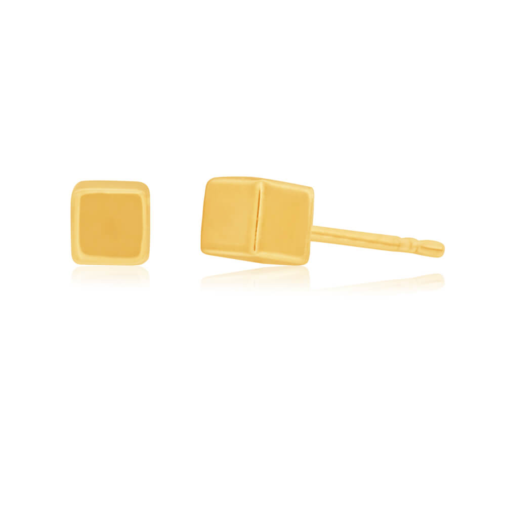 9ct Yellow Gold 3D Cube 3mm Stud Earrings for Women - Minimalist Geometric Jewelry for Everyday Wear & Special Occasions