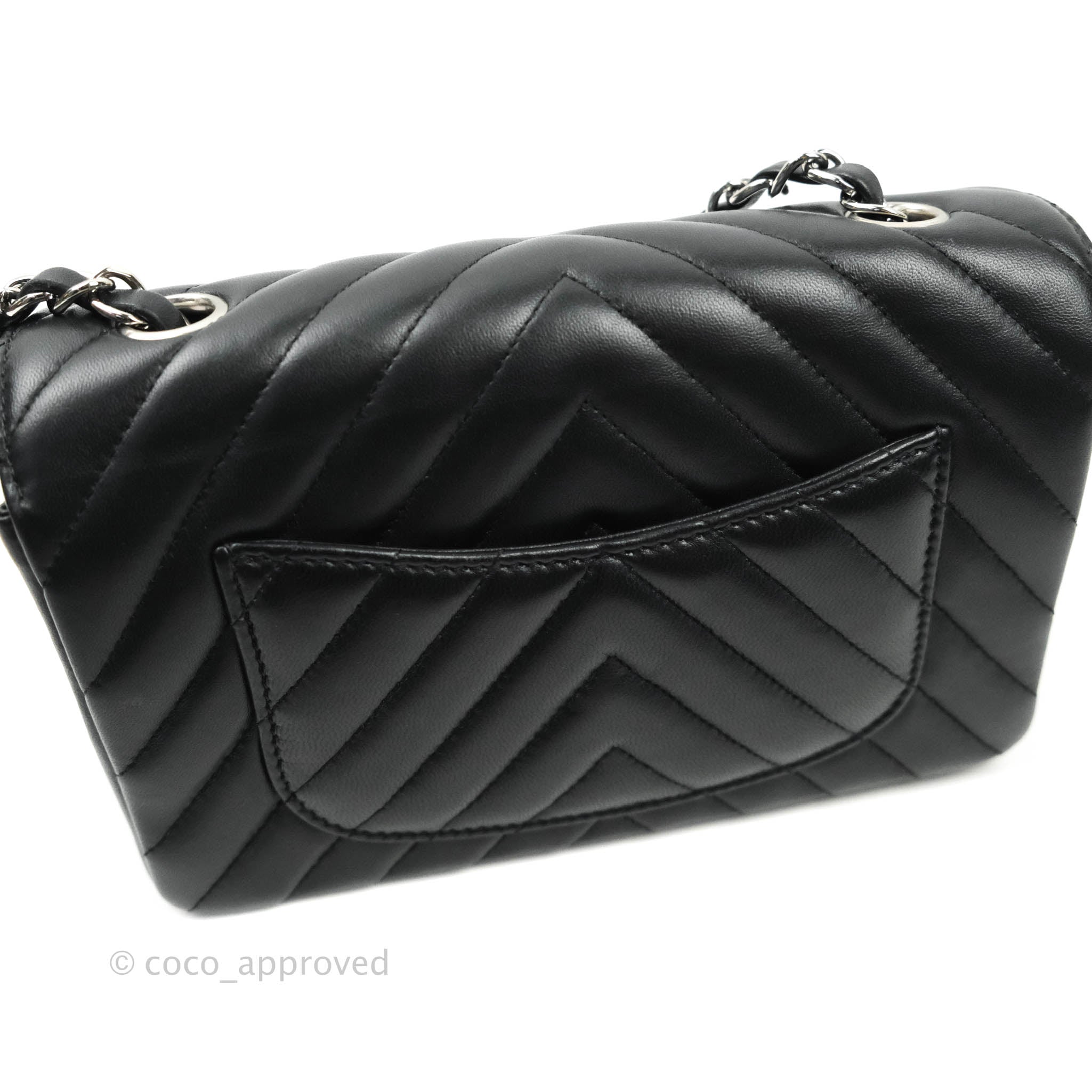 Chanel Classic Chevron Mini Rectangular Flap Bag Black Lambskin Leather with Silver Hardware - Perfect for Evening Events & Luxury Fashion Accessories