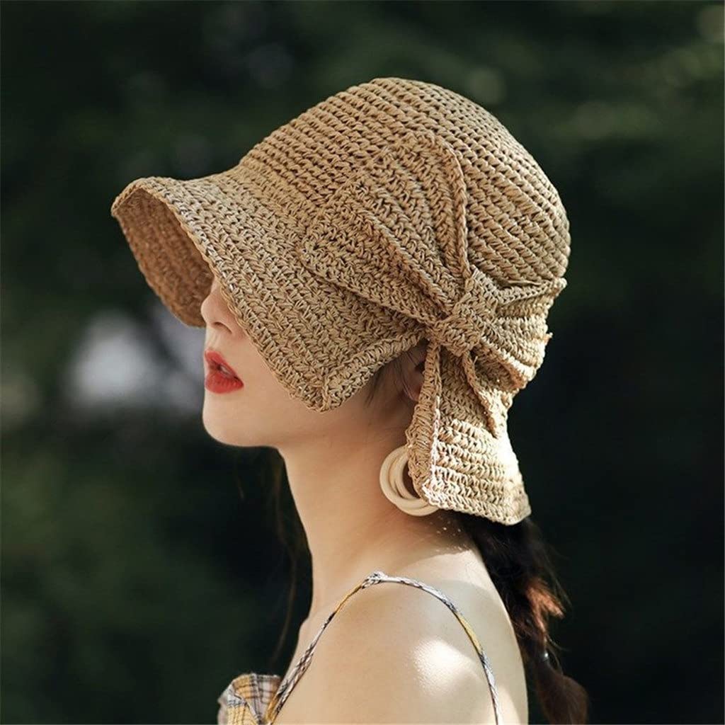 Stylish MJWDP Raffia Bow Sun Hat for Women - Wide Brim Floppy Summer Beach Hat, Panama Straw Bucket Hat with Feminine Bow (56-58CM) - Perfect for Beach Vacations, Pool Parties & Outdoor Summer Activities