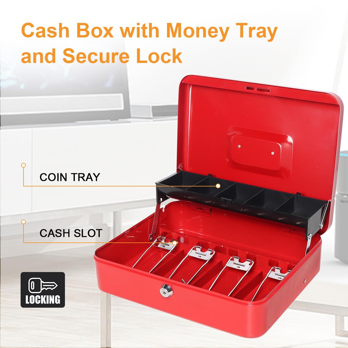 Jssmst Large Locking Cash Box with Money Tray & Security Cable - Heavy Duty Metal Money Box with Key Lock (Red) - Perfect for Home, Office, Retail Stores & Small Business Cash Management