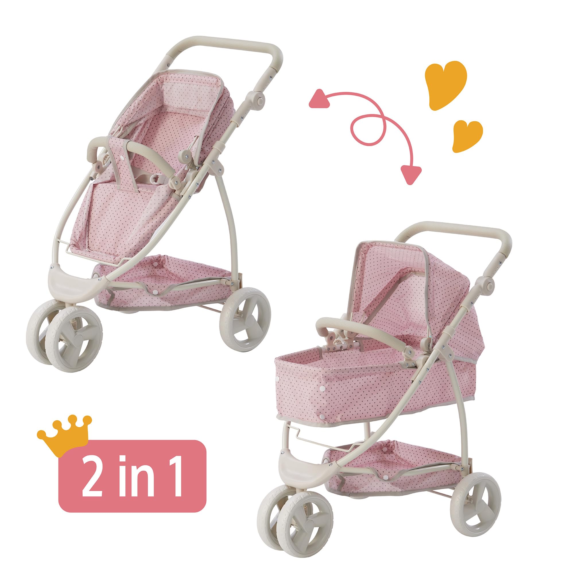 Olivia's Little World - 2-in-1 Baby Doll Bassinet & Stroller for Toddlers, Pink/Gray Princess Doll Pram - Perfect for Imaginative Play, Gift for 5 Year Old Girls, Indoor & Outdoor Use