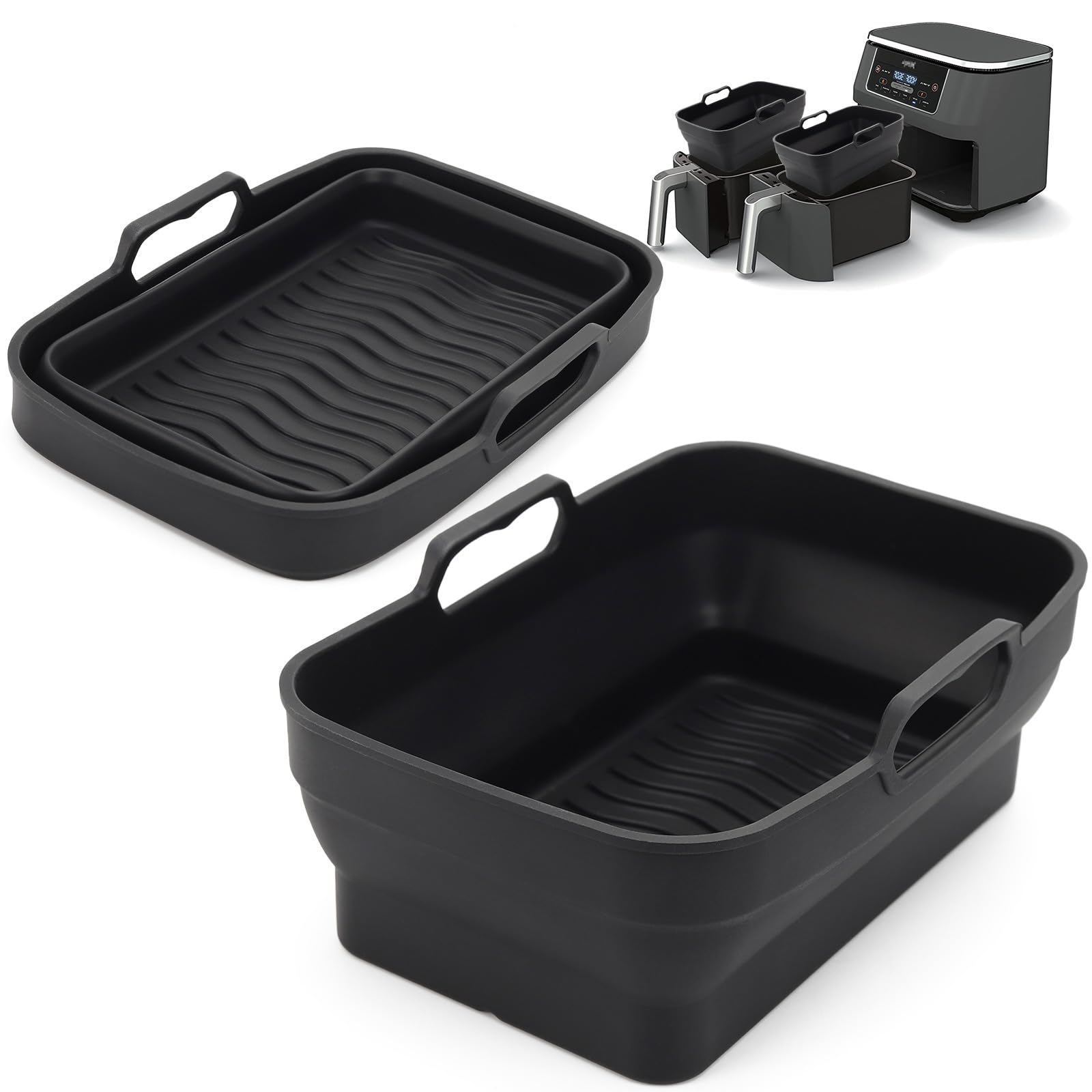 Ninja Foodi Dual DZ090 6QT Air Fryer Silicone Liners - 2 Pack Reusable Non-Stick Basket Bowl & Collapsible Baking Tray - Perfect for Healthy Frying, Roasting & Baking Accessories (Black)
