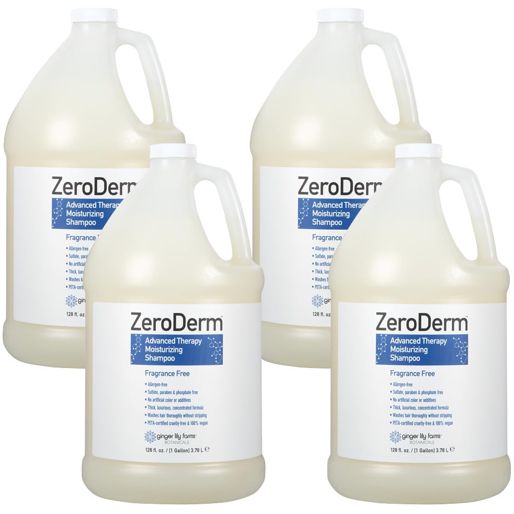 Ginger Lily Farms ZeroDerm Advanced Therapy Moisturizing Shampoo - Vegan, Cruelty-Free & Fragrance Free for All Hair Types - 1 Gallon Refill (4 Pack) - Ideal for Salons, Spas & Home Hair Care Routines
