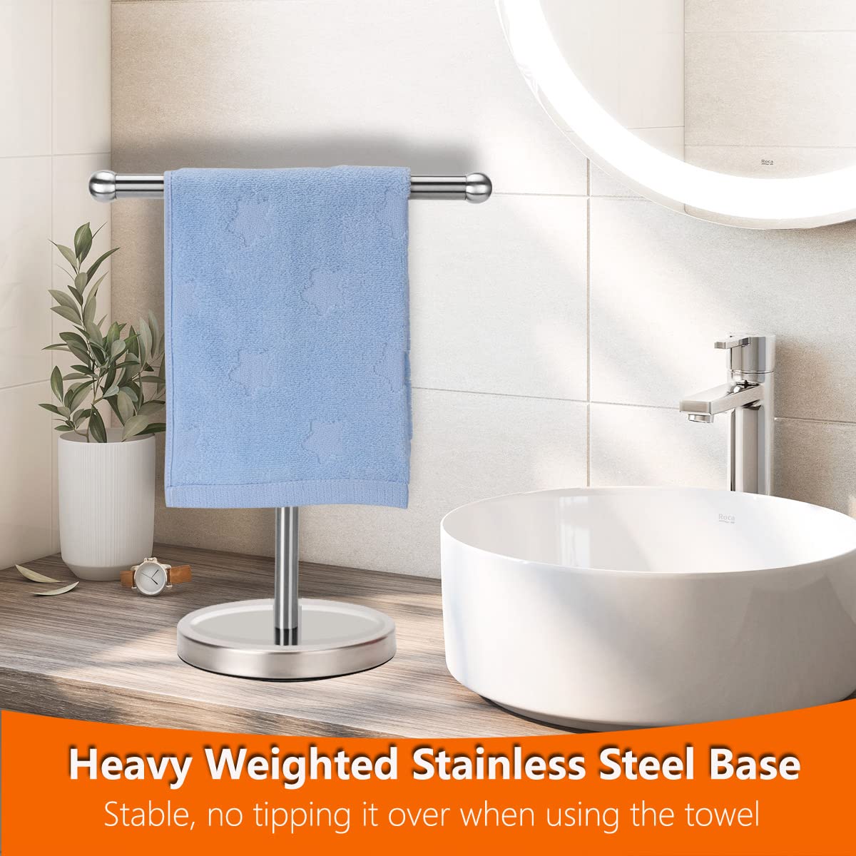 Stainless Steel T-Shape Free Standing Hand Towel Holder Stand with Heavy Base - Brushed Nickel Bathroom Countertop Towel Rack for Kitchen, Bath, Spa & Guest Room Decor