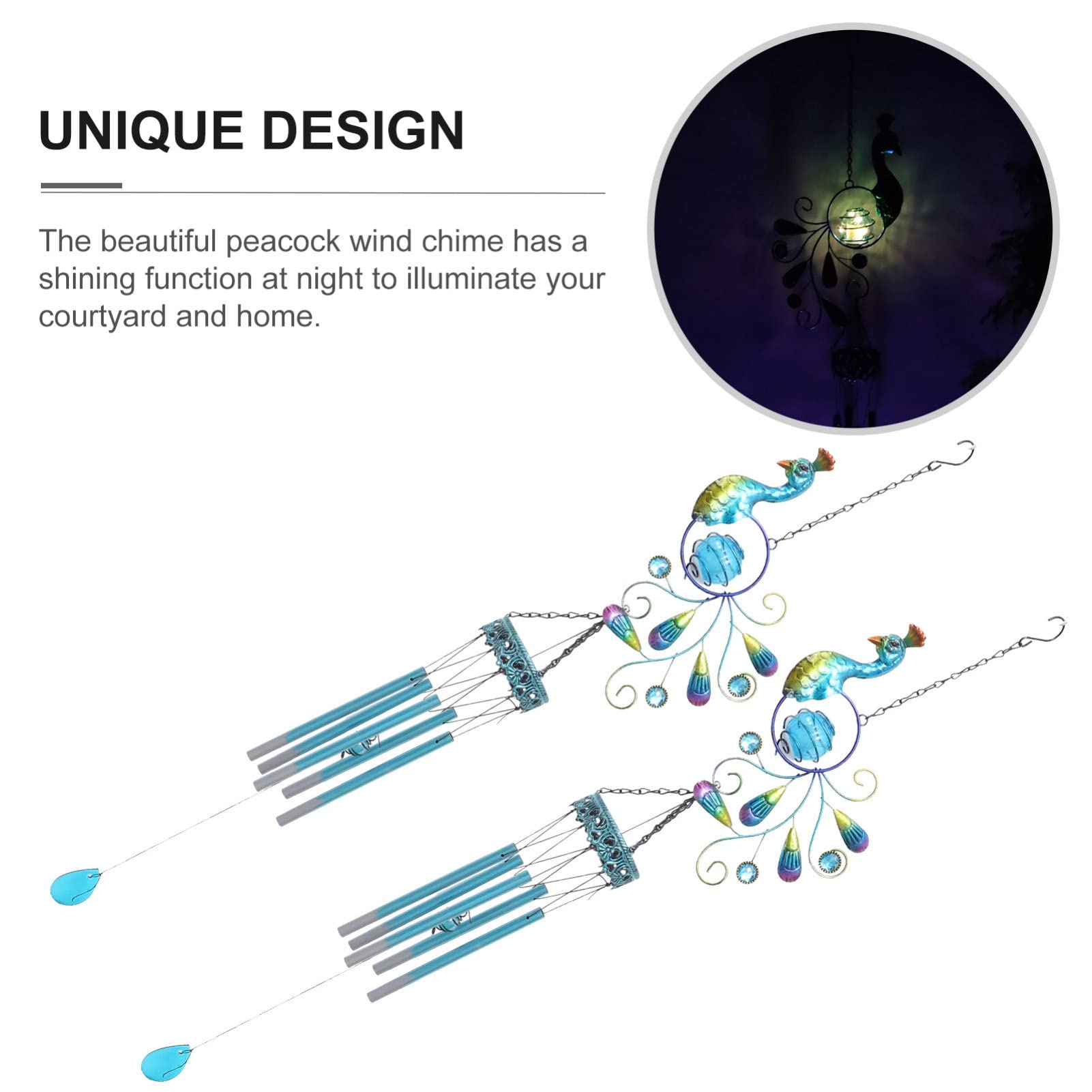 Balacoo Solar Peacock Wind Chime Lamp - Outdoor Garden Decorative Lighting with Ground Plug, Solar Powered Yard & Lawn Light for Patio, Pathway, and Hanging Decor
