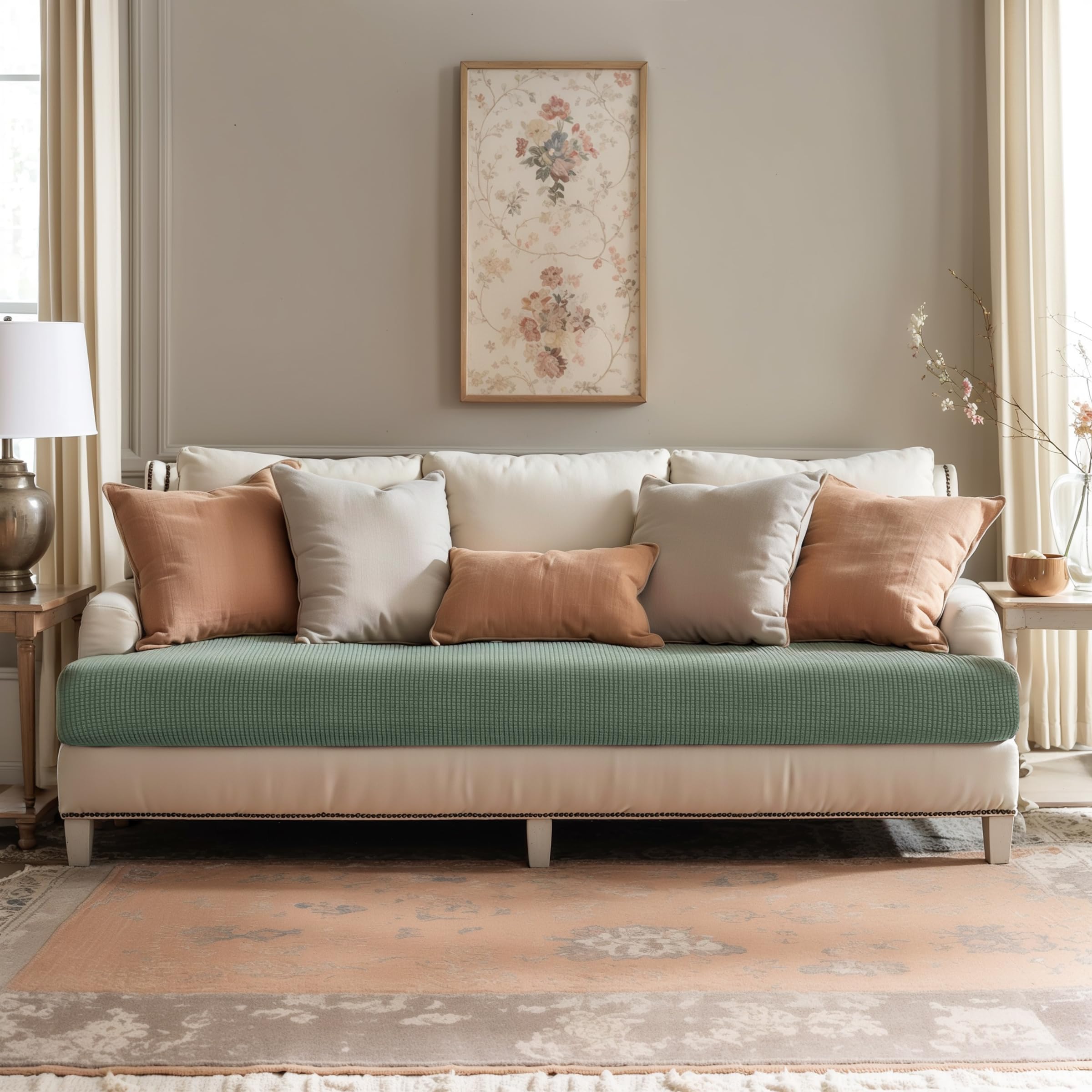 SUBRTEX Stretch Cushion Cover - Elastic Sofa Slipcover for Couch, Loveseat & RV Seats - Spandex Furniture Protector (Large, Olive Drab) - Perfect for Home, Office & Travel Use