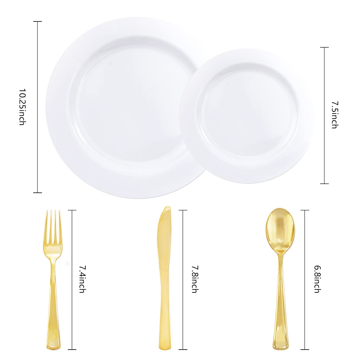 U-QE 150-Piece White Plastic Disposable Plates & Cutlery Set - 30 Dinner Plates, 30 Dessert Plates, 30 Gold Plastic Forks, Knives, Spoons - Perfect for Weddings, Parties, Picnics & Outdoor Events