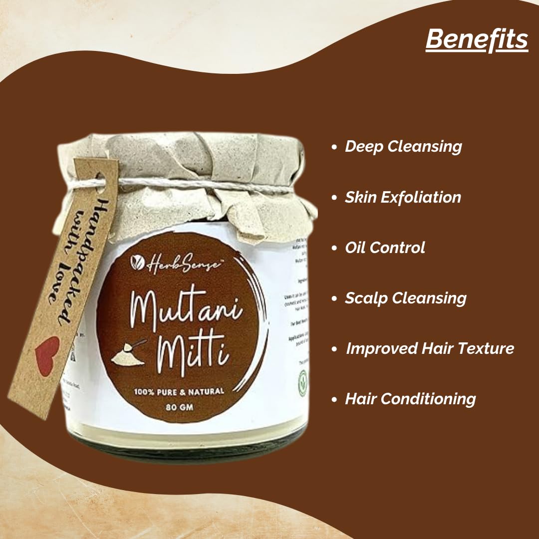 Herbsense Natural Multani Mitti Powder for Oil Control, Skin Cleansing & Nourishing | Anti-Acne & Pimple Care Face Mask | Glass Jar 80g - Perfect for DIY Skincare & Spa Treatments at Home