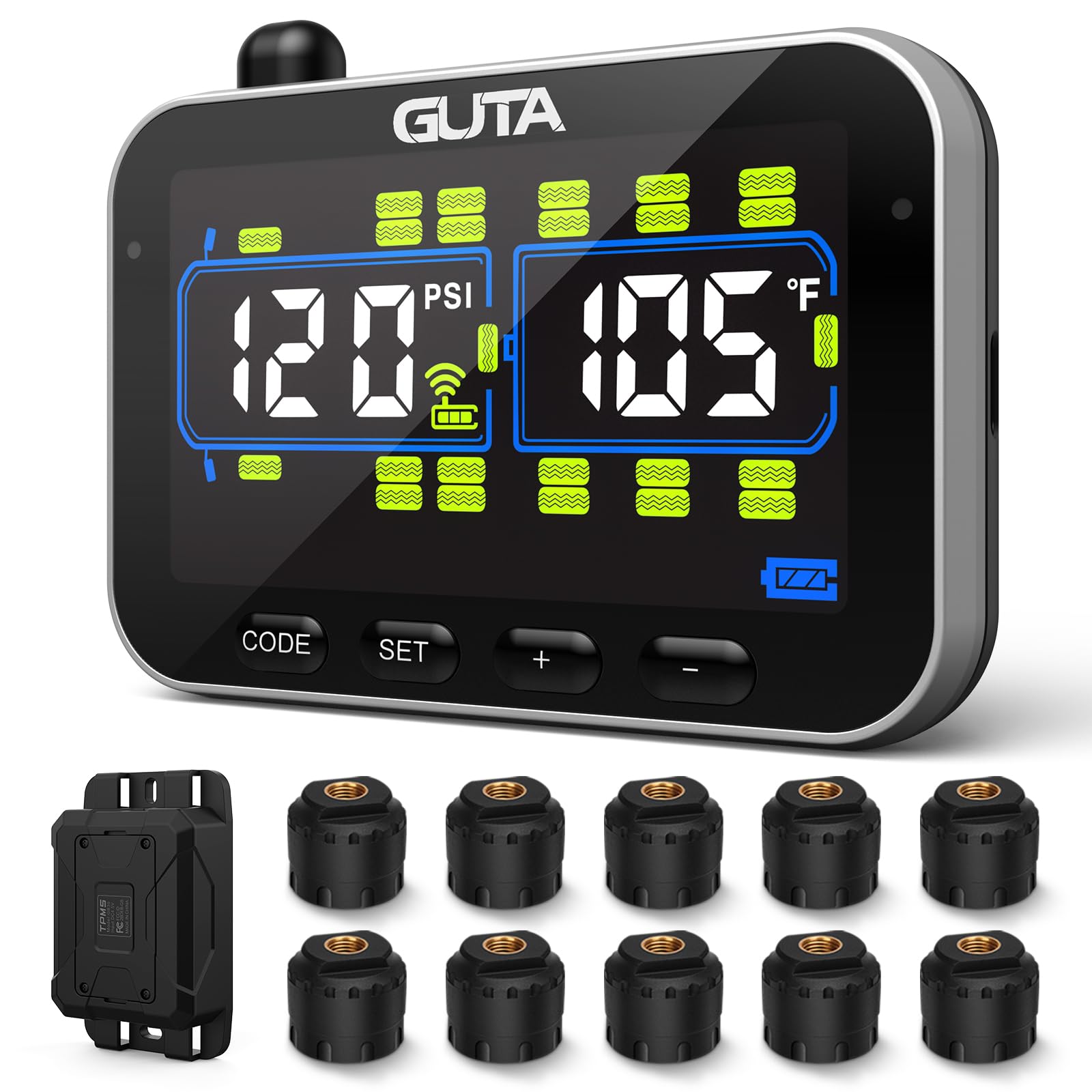 GUTA RV Trailer Tire Pressure Monitoring System (TPMS) - 10 Sensors, 6 Alert Modes, Signal Booster, Large Color Display, 0-188PSI Range | Real-Time Monitoring for RV, Semi-Truck & Travel Trailers | Prevent Blowouts & Improve Fuel Efficiency