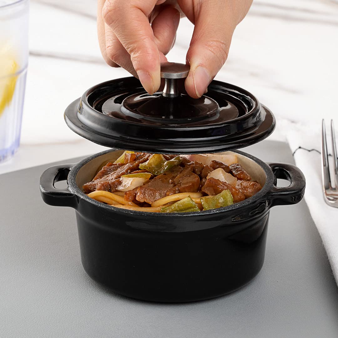 8 oz Mini Casserole Dish with Lid - Enameled Black Cast Iron Dutch Oven for Baking, Braising & Roasting | Perfect for Individual Servings, French Onion Soup & Crème Brûlée | Heavy-Duty Restaurantware Cocotte