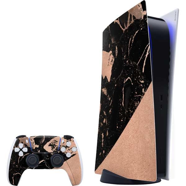 Premium Skinit Decal Gaming Skin for PS5 Bundle - Black & Rose Gold Marble Split Design | Protective Vinyl Cover | Perfect for Gaming Setups, Gamer Gifts & Console Customization