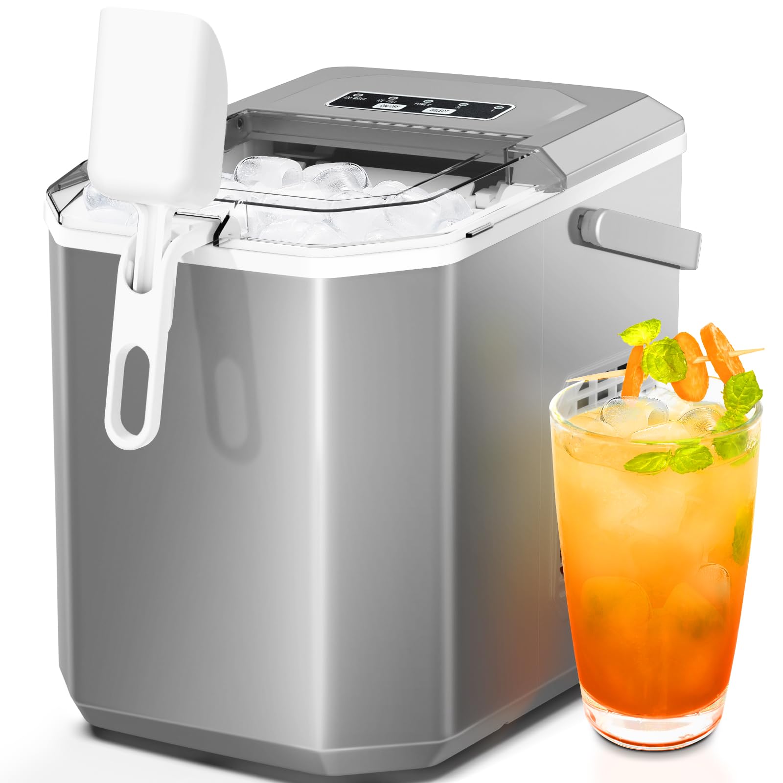 Portable Ice Maker Countertop with Self-Cleaning Function, 26.5Lbs Daily Output, Makes 9 Cubes in 6-9 Minutes, Dual Handle Design with 2 Ice Sizes (Bullet Ice & Cube), Includes Ice Scoop & Basket - Perfect for Home, Office, Kitchen, Party & Outdoor Events (Grey)