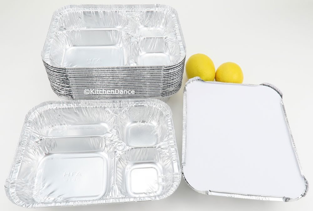 Handi-Foil #4145L Disposable Aluminum 4-Compartment TV Dinner Trays with Board Lid (250 Pack) - Perfect for Meal Prep, Catering, and Frozen Food Storage