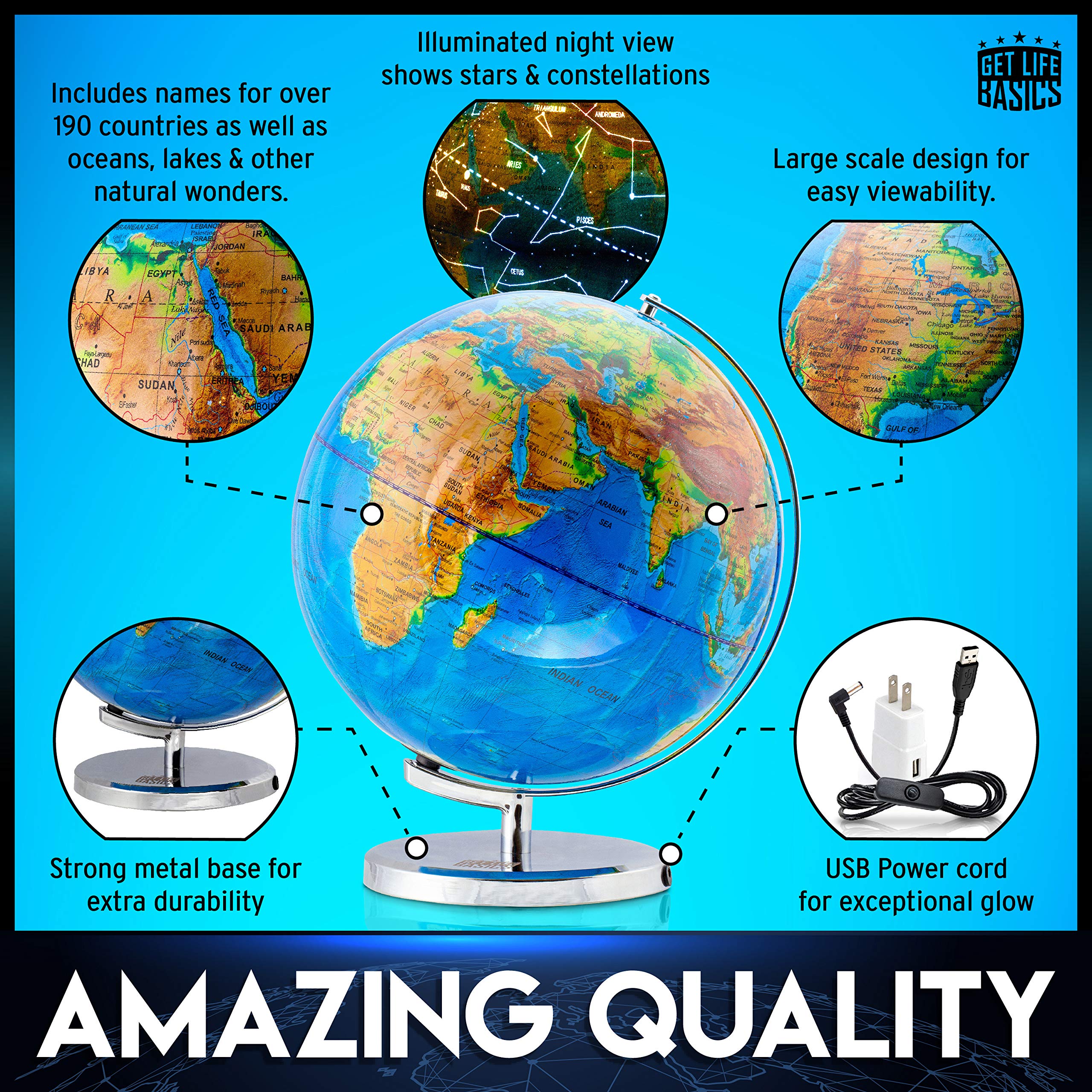 Interactive Illuminated World Globe for Adults & Kids - 13 Inch Large Educational Globe with Stand, Constellations & Compass - Perfect for Geography Learning, Home Decor & Night Light - Great Gift for Students & Travel Enthusiasts