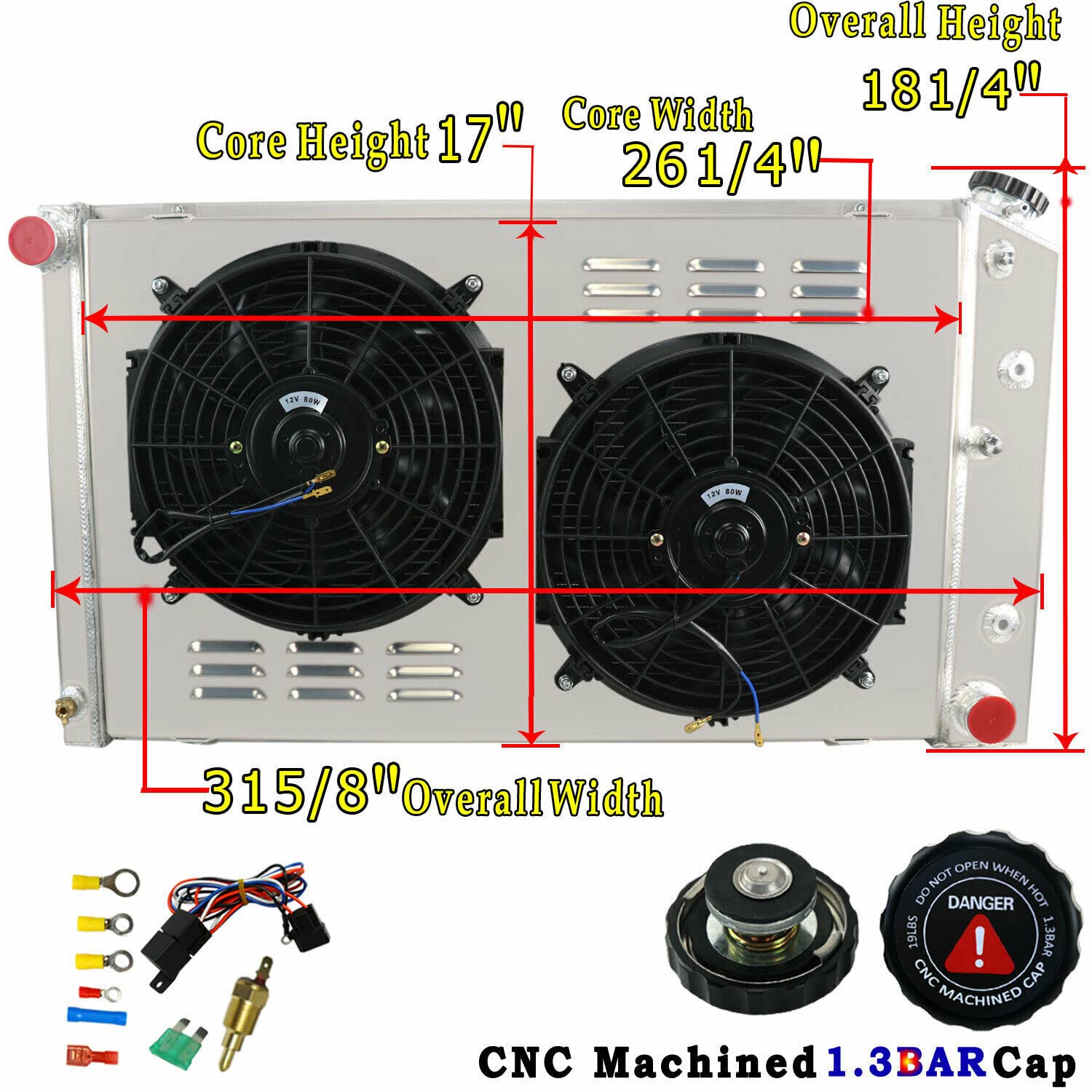 AlloyWorks CC162 4-Row Core Aluminum Radiator with Fan Shroud & Relay Kit - Compatible with 1970-1987 Chevy Blazer C/P/G/K Series, 1975-1988 Oldsmobile Cutlass, 1975-1987 Buick Models (AT/MT) - High Performance Crossflow Cooling System for Off-Roading & Classic Car Restoration