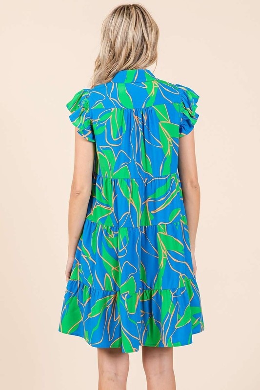 Mittoshop Floral Leaf Print Ruffle Sleeve Tiered Mini Dress for Women - Summer Beach Party, Date Night & Vacation Outfit
