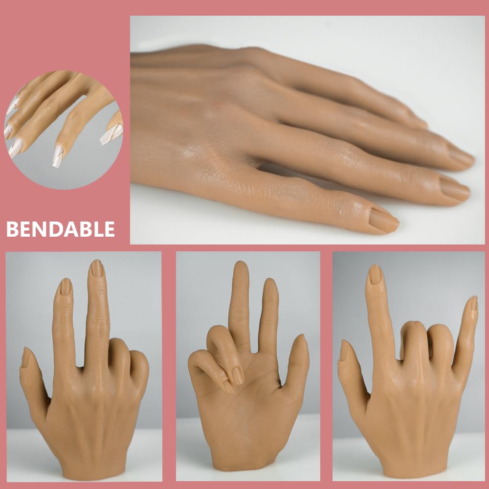 Flexible Silicone Practice Hand for Acrylic Nails - Left Hand Mannequin with Stand | Bendable Fake Hand for Nail Art Training & Practice | Perfect for Beginners, Professionals & Salon Use