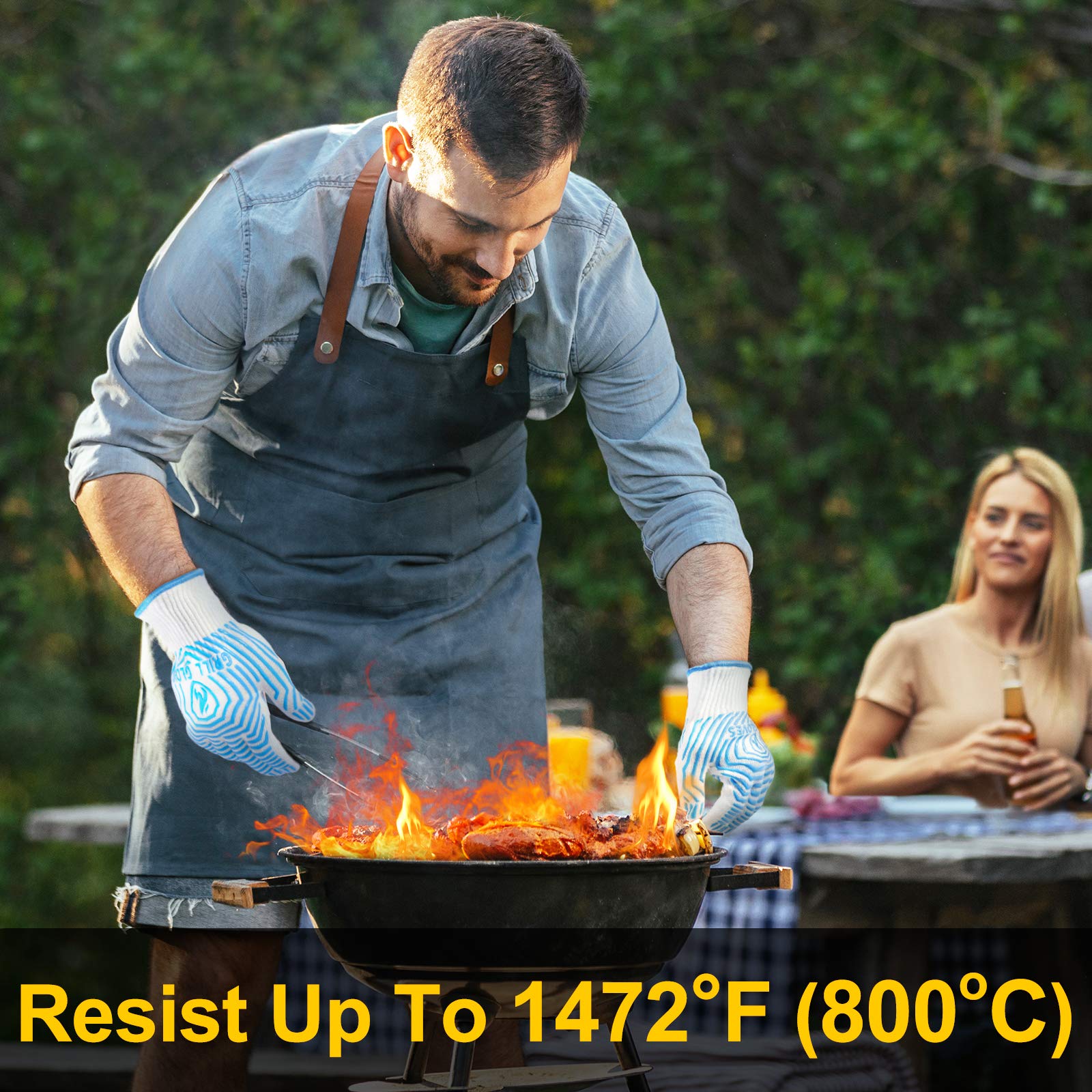 QUWIN Heat Resistant BBQ Gloves - 1472℉ Extreme Heat Protection, Non-Slip Silicone Oven Mitts for Grilling, Cooking & Baking - Perfect for Outdoor BBQ, Camping & Kitchen Use (Blue, One Size Fits Most)