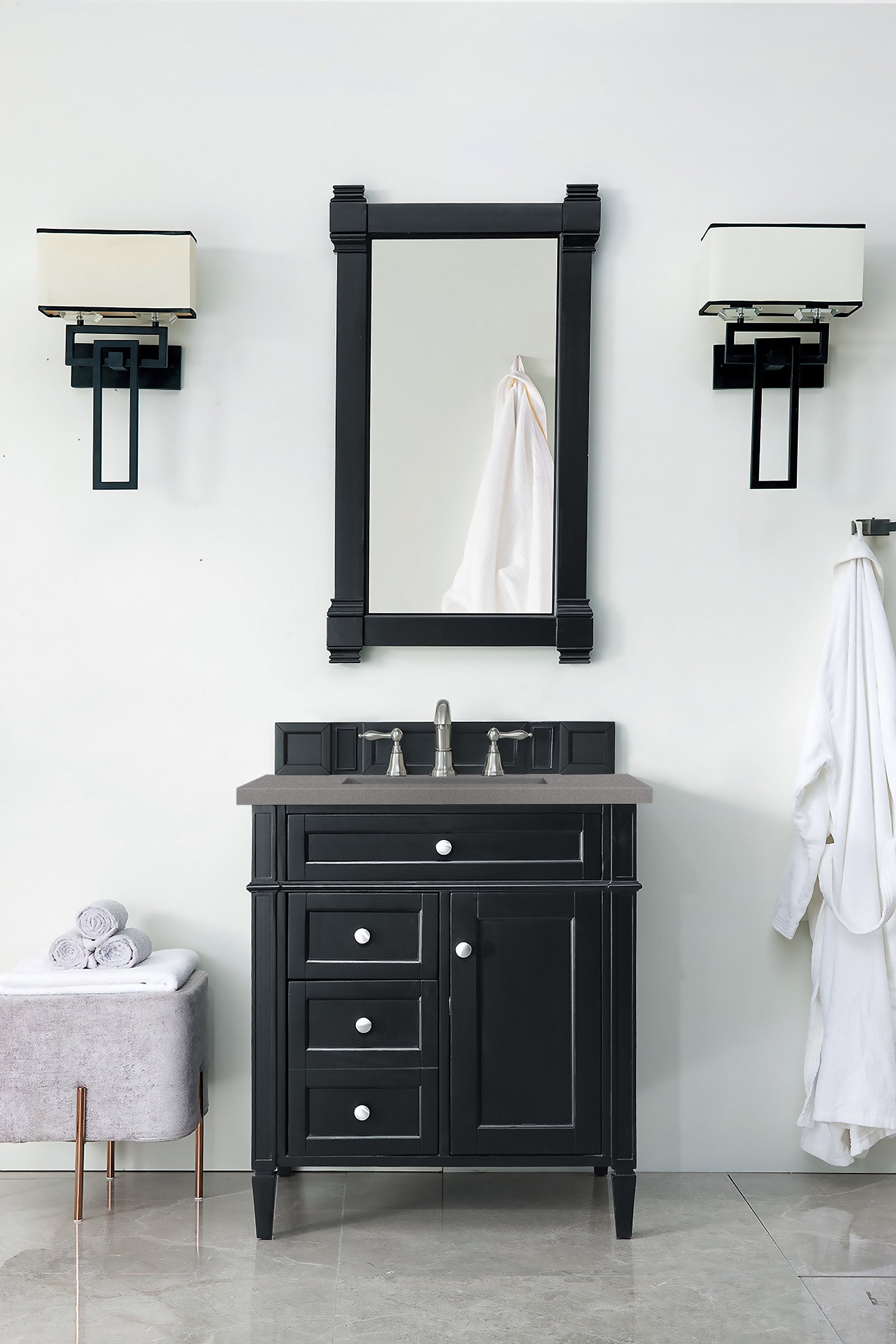 Brittany 30-Inch Single Bathroom Vanity in Black Onyx with 3CM Gray Expo Quartz Countertop - Perfect for Small Bathrooms, Powder Rooms & Modern Home Decor