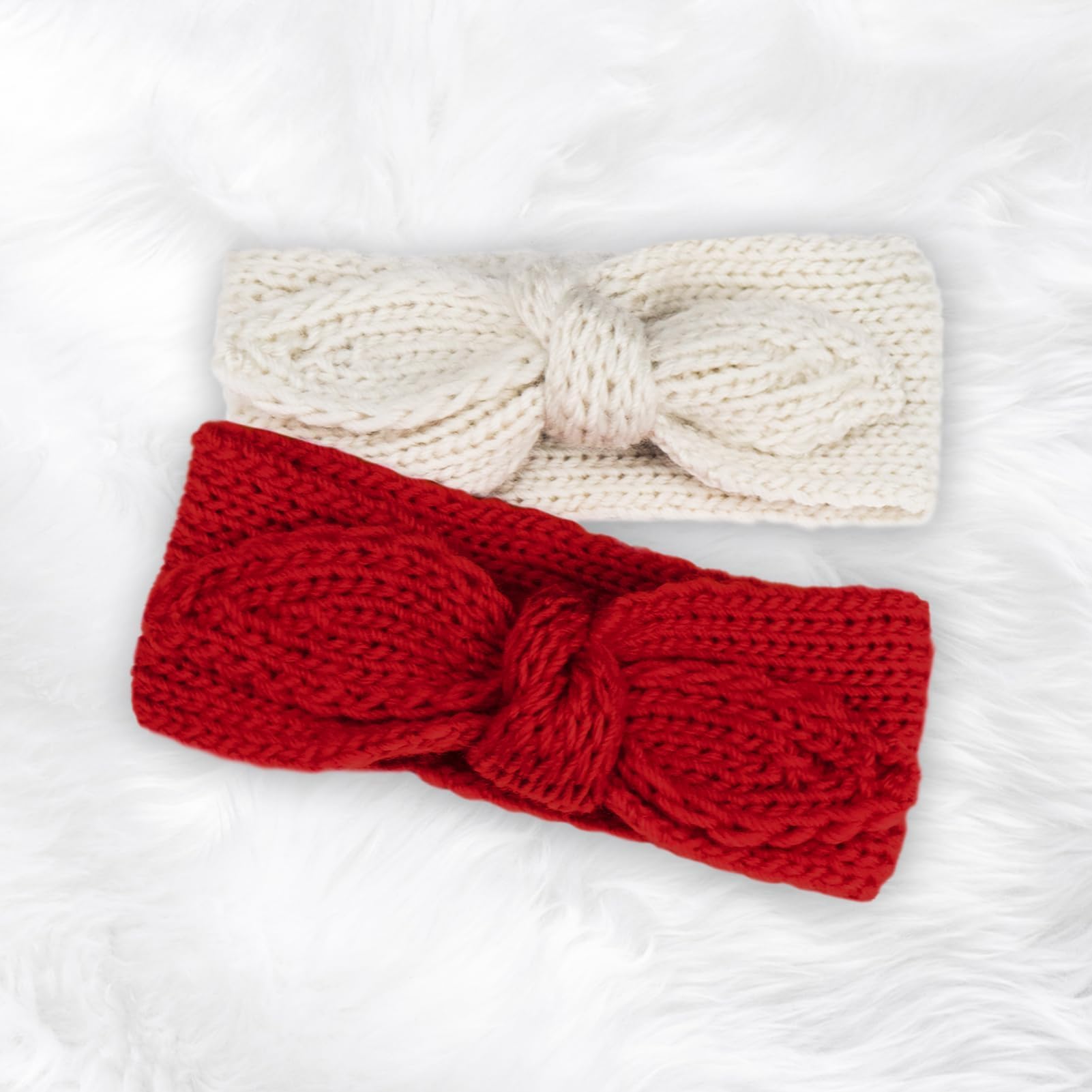 Fmeida Baby Girl Knit Headband - Warm Rabbit Knot Hair Bows for Toddlers & Children (2PCS, White & Red) | Christmas, Valentine's Day & New Year Gifts | Perfect for Holiday Photos, Birthday Parties & Winter Outfits