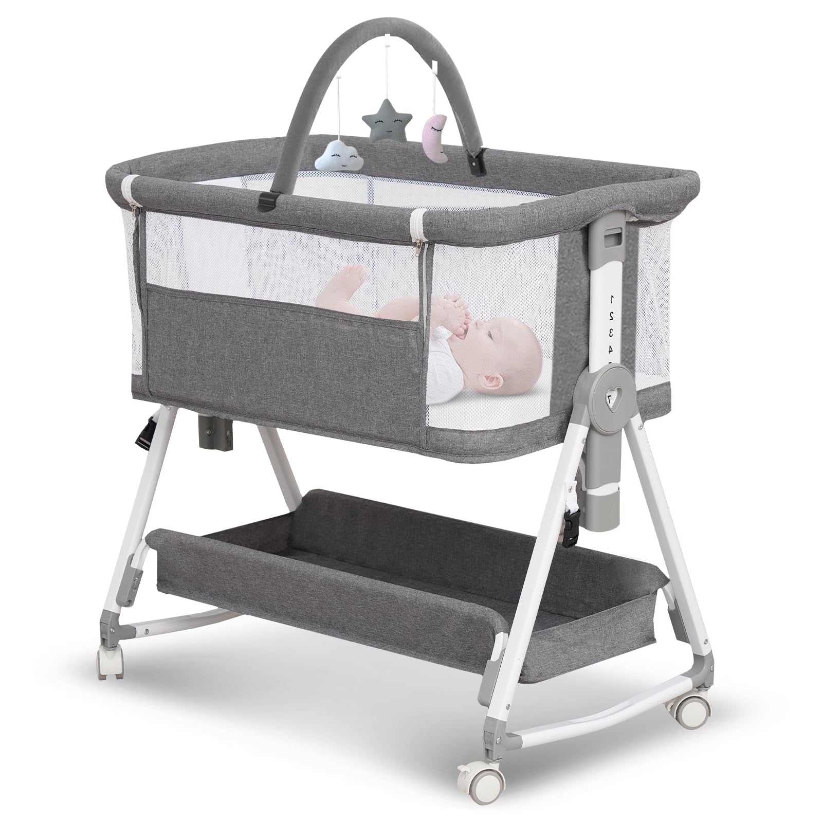 3-in-1 Foldable Baby Bassinet with Hanging Toys & Storage Basket - Adjustable Height Bedside Sleeper Crib with 4-Sided Mesh & Wheels (Light Grey) - Perfect for Nursery, Bedroom & Travel Use