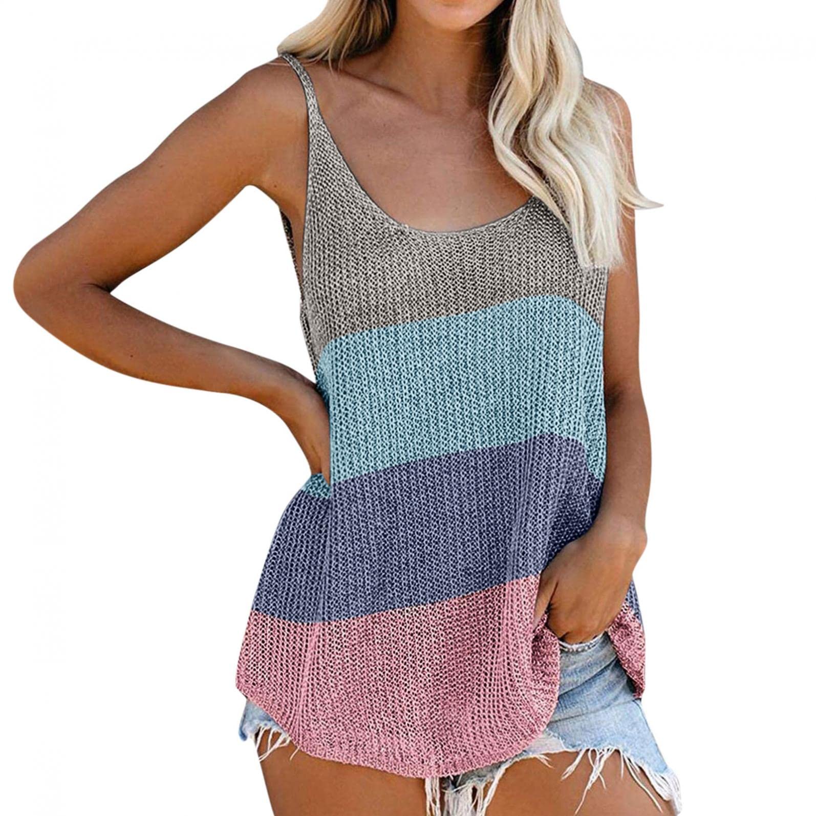 FABIURT Women's Summer Casual Knit Tank Tops - Scoop Neck Sleeveless Loose Cami Tunics for Beach, Vacation & Everyday Wear