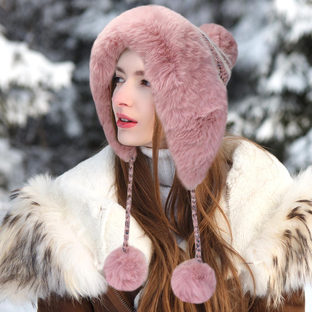 Pink Faux Fur Earmuff Pom Pom Winter Hat for Women - Soft Warm Ear Muffs with Cute Pom Pom - Perfect for Cold Weather, Snow Days & Outdoor Activities