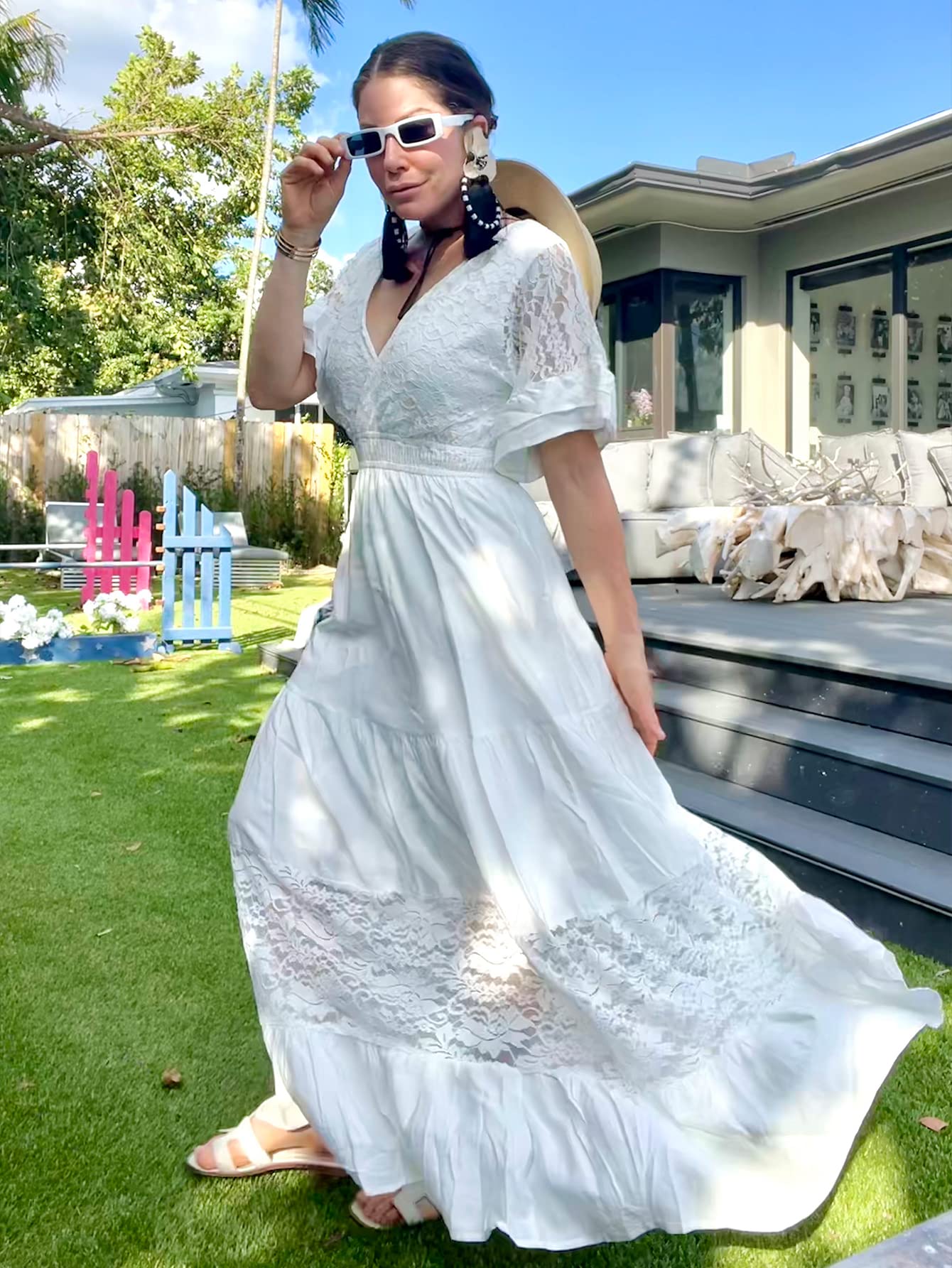 Elegant Women's V-Neck Lace Maxi Dress with Ruffle Hem & Flowy Short Sleeves - Boho Chic Formal Gown for Wedding Guest, Party & Special Occasions
