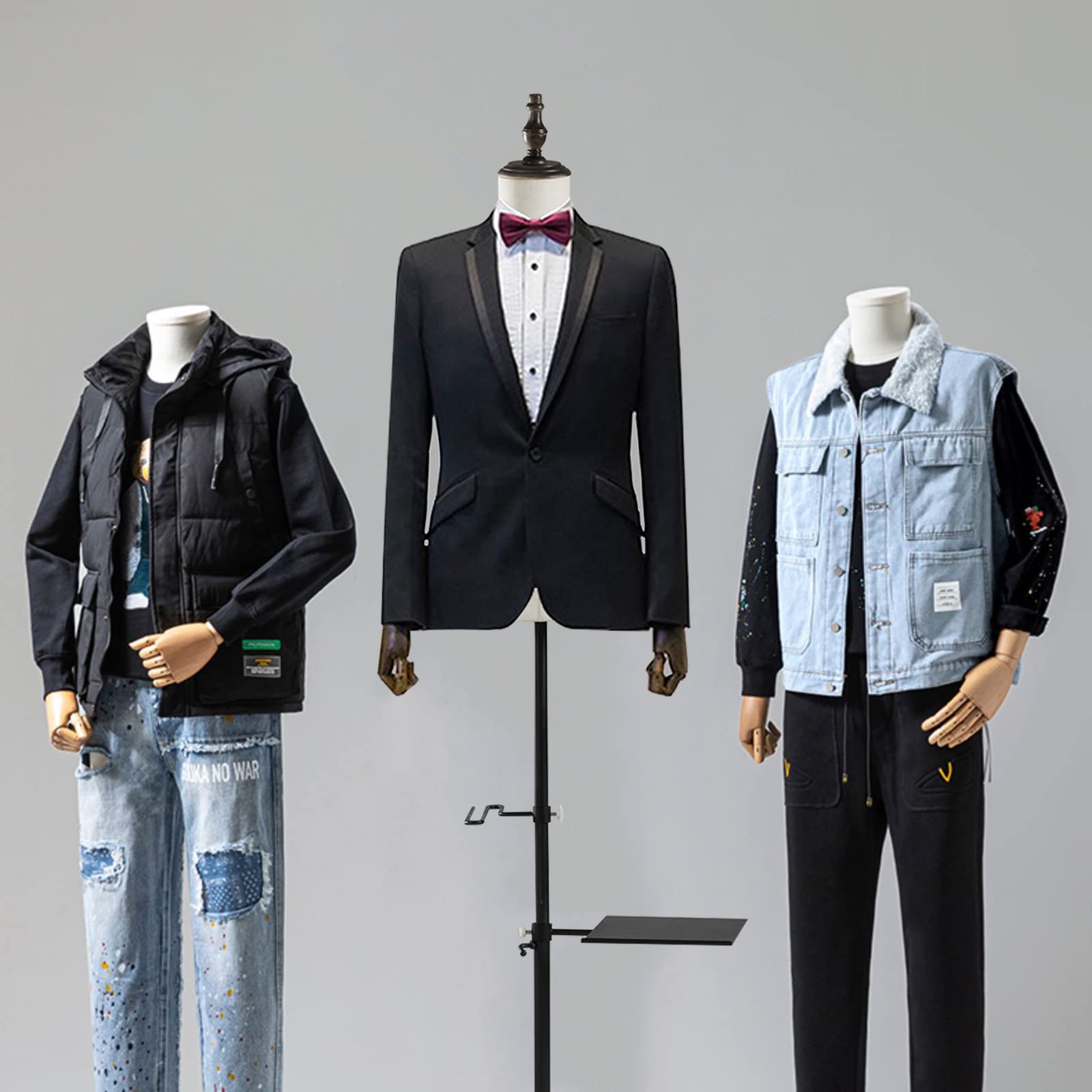 Adjustable 53-76 Inch Male Dress Form Mannequin with Wooden Arms & Metal Stand - Detachable Trousers Rack & Shoe Holder - Pinnable Torso for Clothing Display | Perfect for Retail Stores, Tailoring Shops & Fashion Design Studios