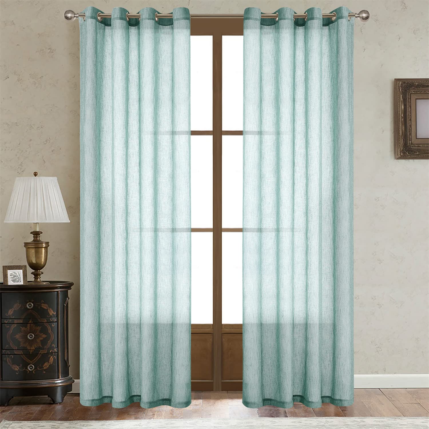 LOYOLADY Teal Linen Curtains 84 Inches Long - 2 Panels Set, Light Filtering Sheer Window Drapes with Grommet Top for Bedroom & Living Room (52