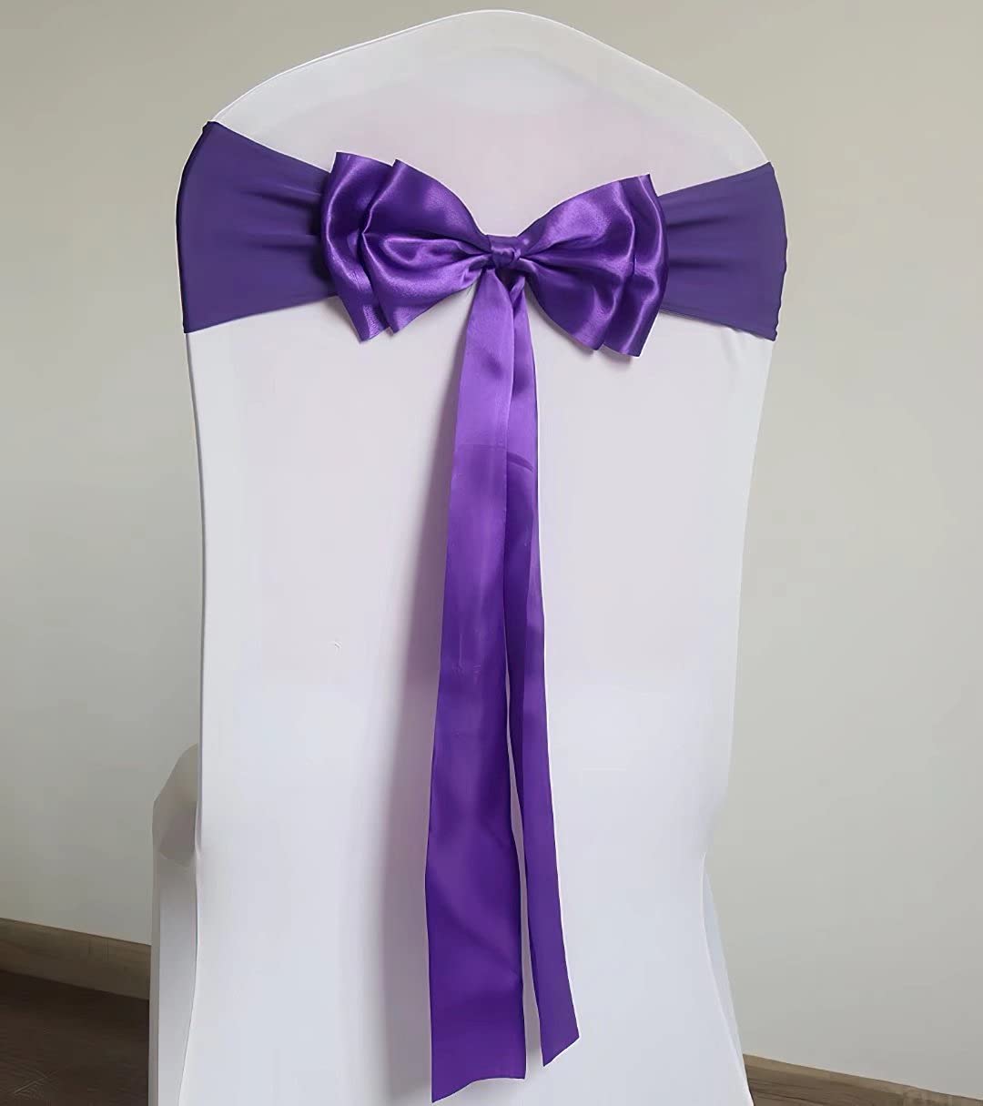100Pcs Stretch Chair Sashes with Double Bows - Spandex Chair Covers for Wedding, Birthday, Banquet & Christmas Decorations - Elegant Dark Purple Chair Bands for Party & Event Decor