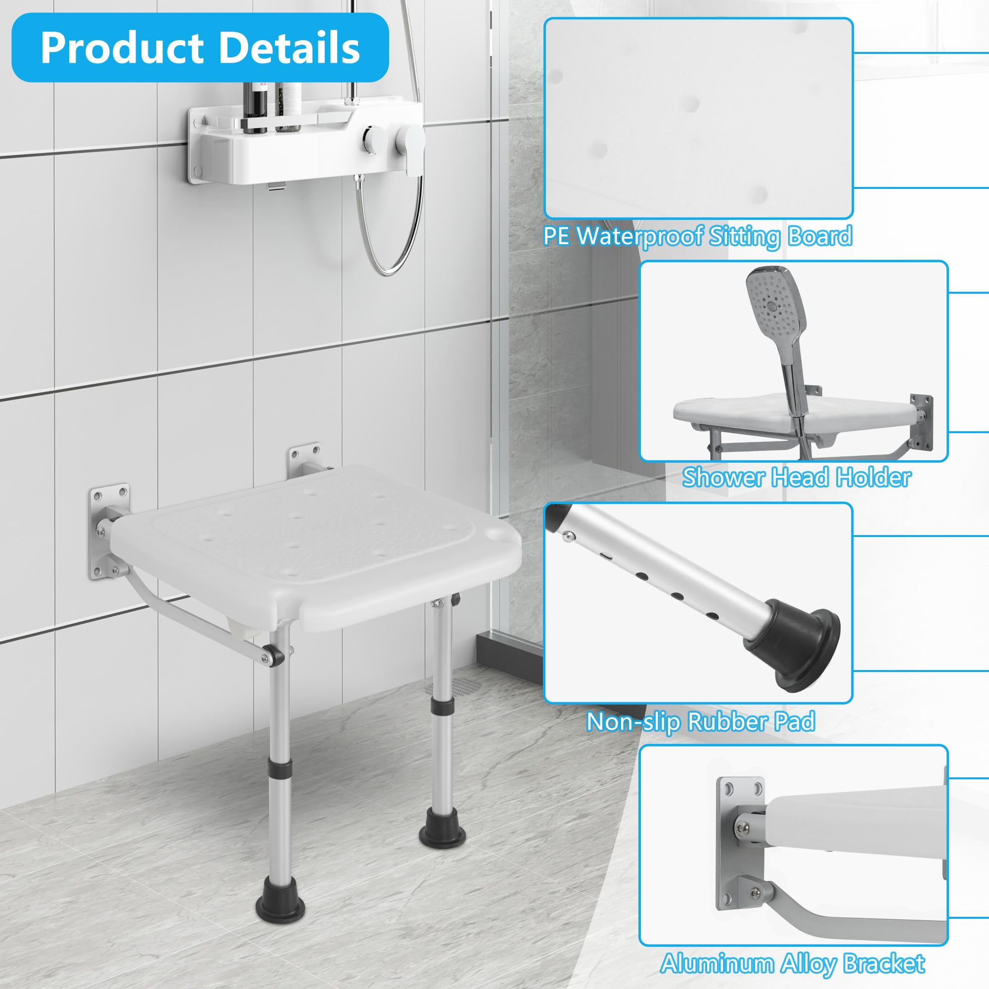 BQKOZFIN Adjustable Height Wall Mounted Folding Shower Seat - Foldable Shower Chair for Elderly & Disabled - Space Saving Bathroom Stool for Small Showers, Bathtubs & Tight Spaces - Ideal for Seniors Safety & Compact Bathroom Storage