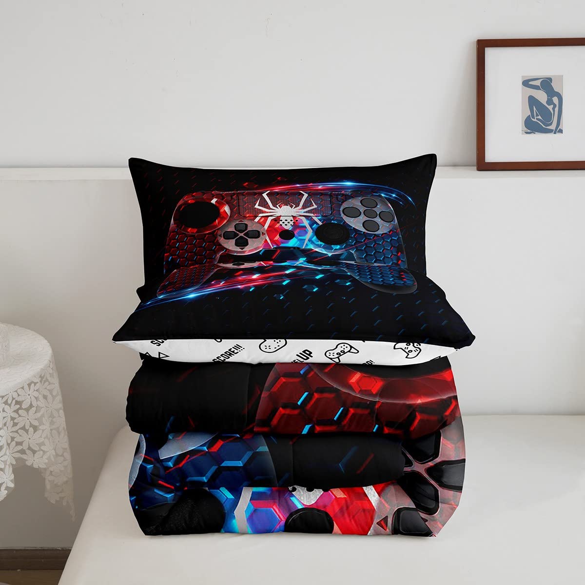 Erosebridal Boys Bedding Set Full Size - Honeycomb Pattern Gaming Comforter Set for Teen & Toddler Boys - Red and Blue Gamer Bedroom Decor - Perfect for Kids Room, Sleepovers and Gaming Themed Bedrooms