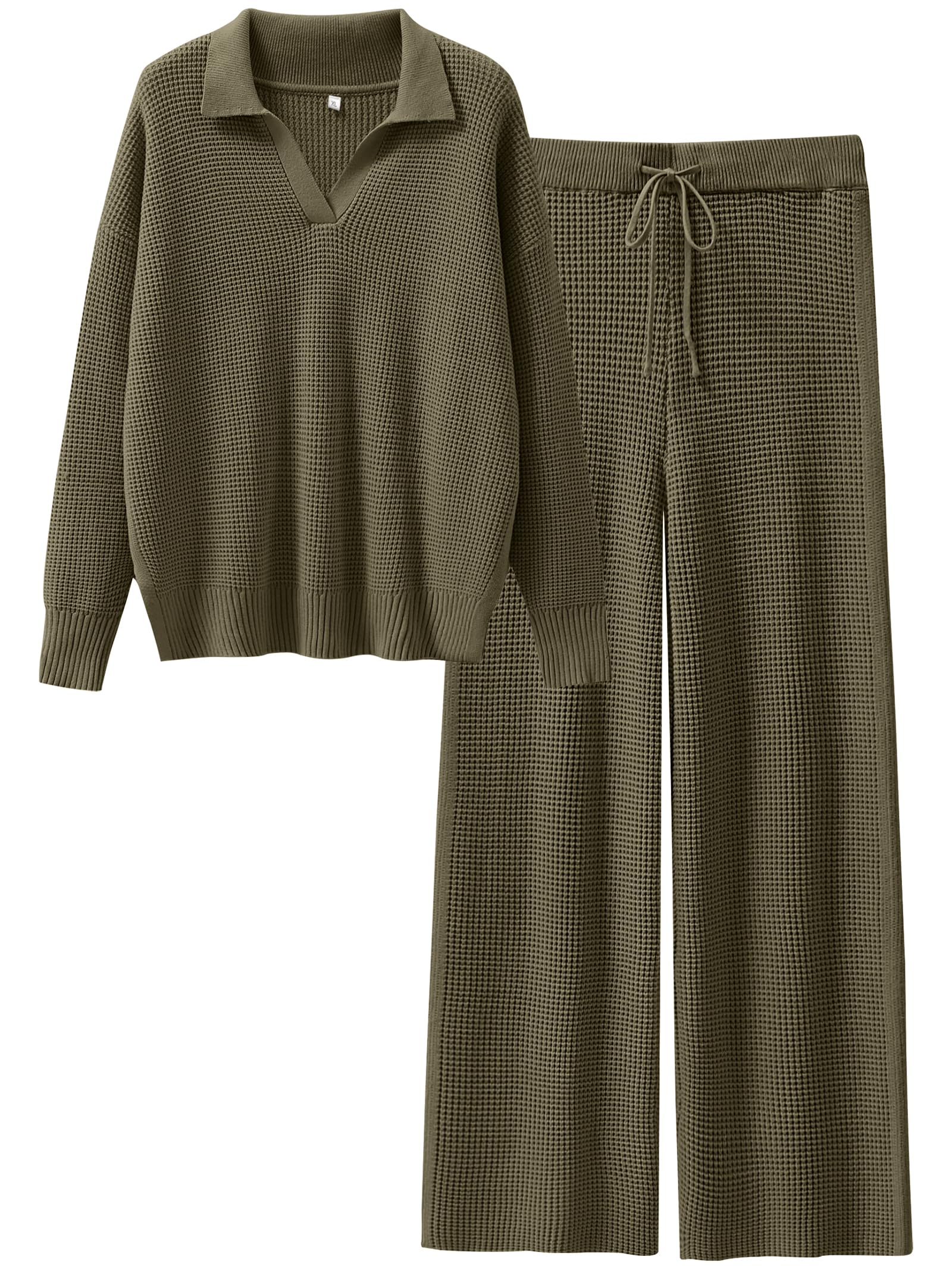 ANRABESS Women's Two Piece Outfits - Waffle Knit Sweater & Wide Leg Pants Lounge Set | Cozy Matching Tracksuit for Home, Yoga, and Casual Wear