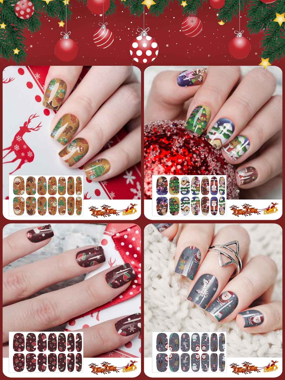 EBANKU Christmas Nail Wraps - 14 Sheets Self-Adhesive Nail Polish Stickers with Nail File | Deer, Snowman & Xmas Tree Designs for Holiday Nail Art | Perfect for Christmas Parties & Gift Giving