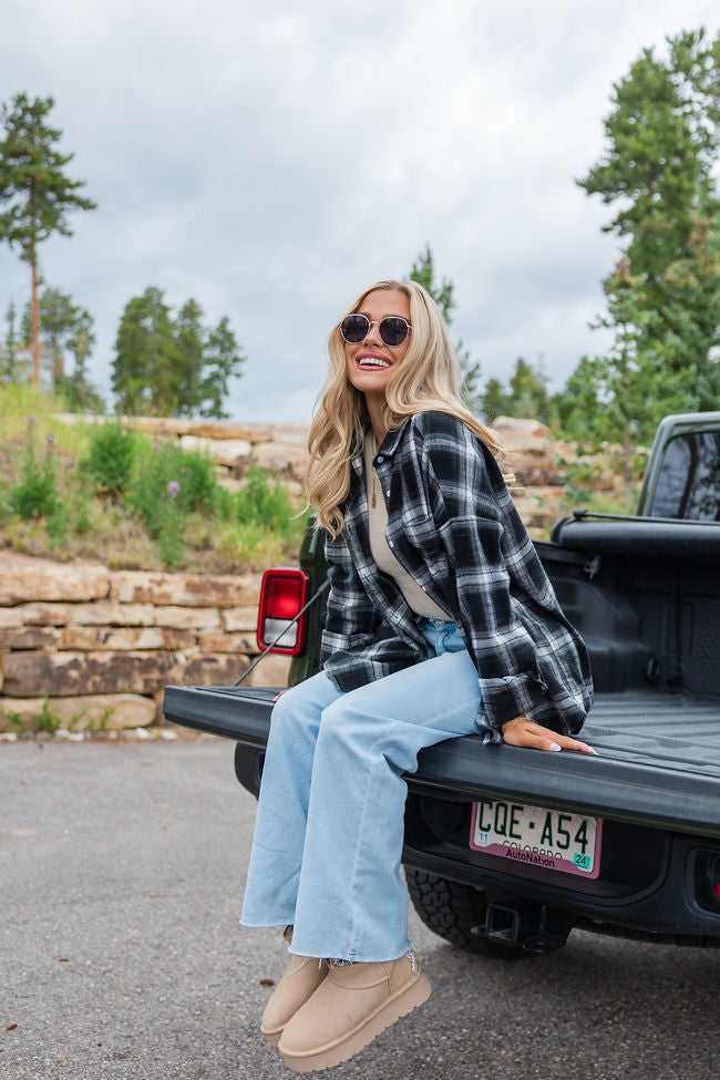 Black and Ivory Plaid Oversized Button Front Shirt for Women - Stylish Loose Fit Long Sleeve Blouse - Perfect for Casual Outfits, Layering, and Office Wear