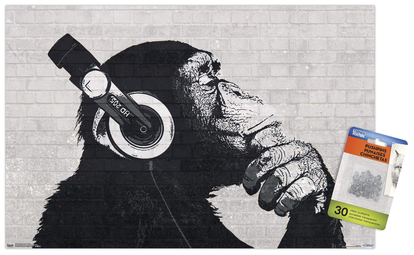 Funny Chimp Wearing Headphones Wall Poster - Push Pin Ready for Home & Office Decor - Perfect for Bedroom, Living Room, or Workspace