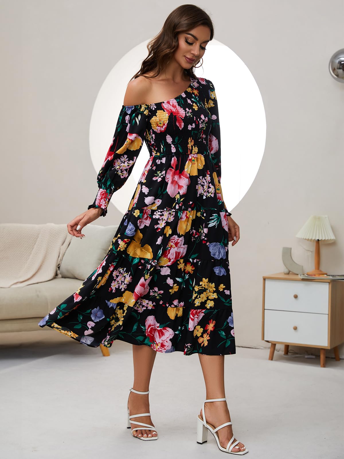 Women's Floral Long Sleeve Maxi Dress with Puff Sleeves & Pockets - Casual Spring Summer Flowy Dress for Beach, Wedding & Everyday Wear