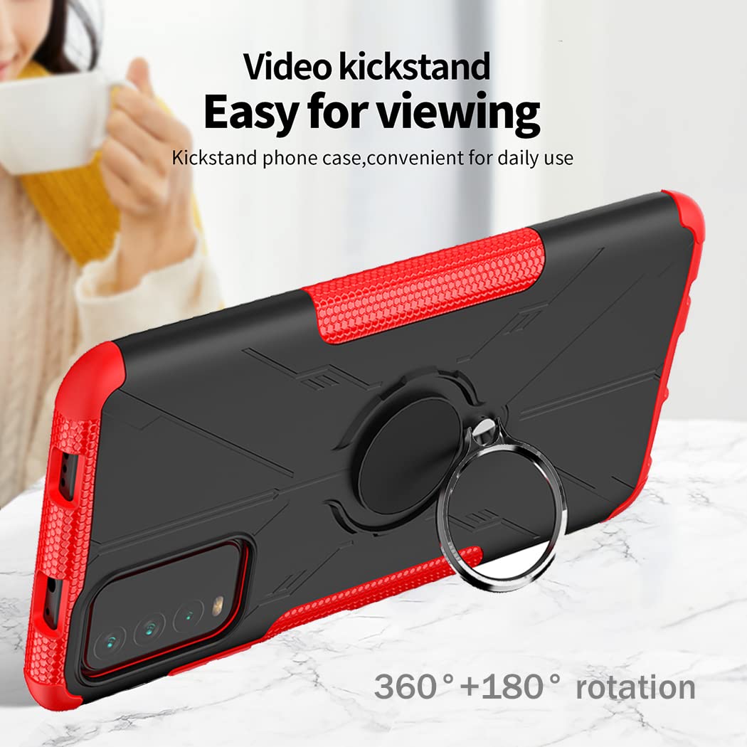 Premium Shockproof Phone Case for Redmi 9T/Poco M3/Redmi Note 9 4G M2010J19SL - Includes Tempered Glass Screen Protector & 360° Rotating Metal Ring Holder Kickstand - Durable Protection Cover for Xiaomi Redmi 9T (Red) - Perfect for Work, Travel & Outdoor Activities