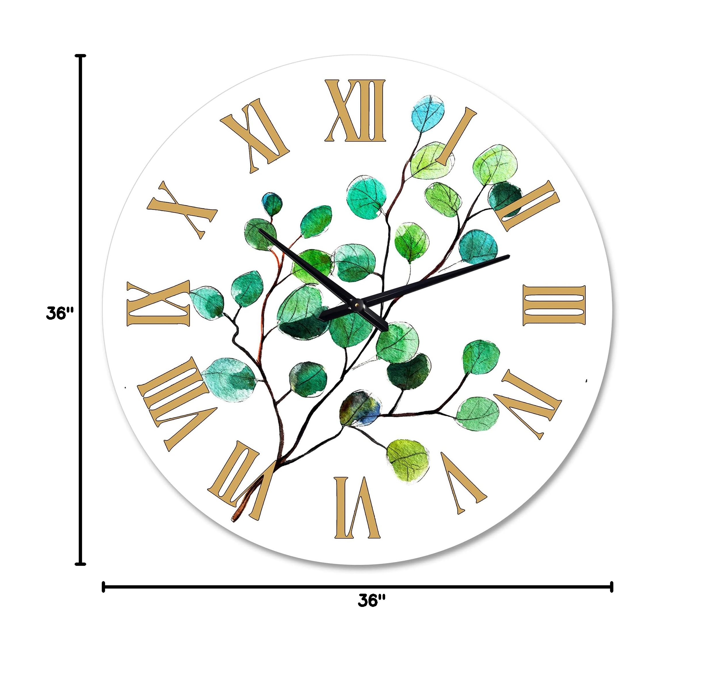 DesignQ Traditional Wall Clock 'Young Eucalyptus Leaves and Branches IV' - Large Floral & Botanical Wall Clock for Living Room, Bedroom, Office Décor - Green Home Decor (CLOCK37140)