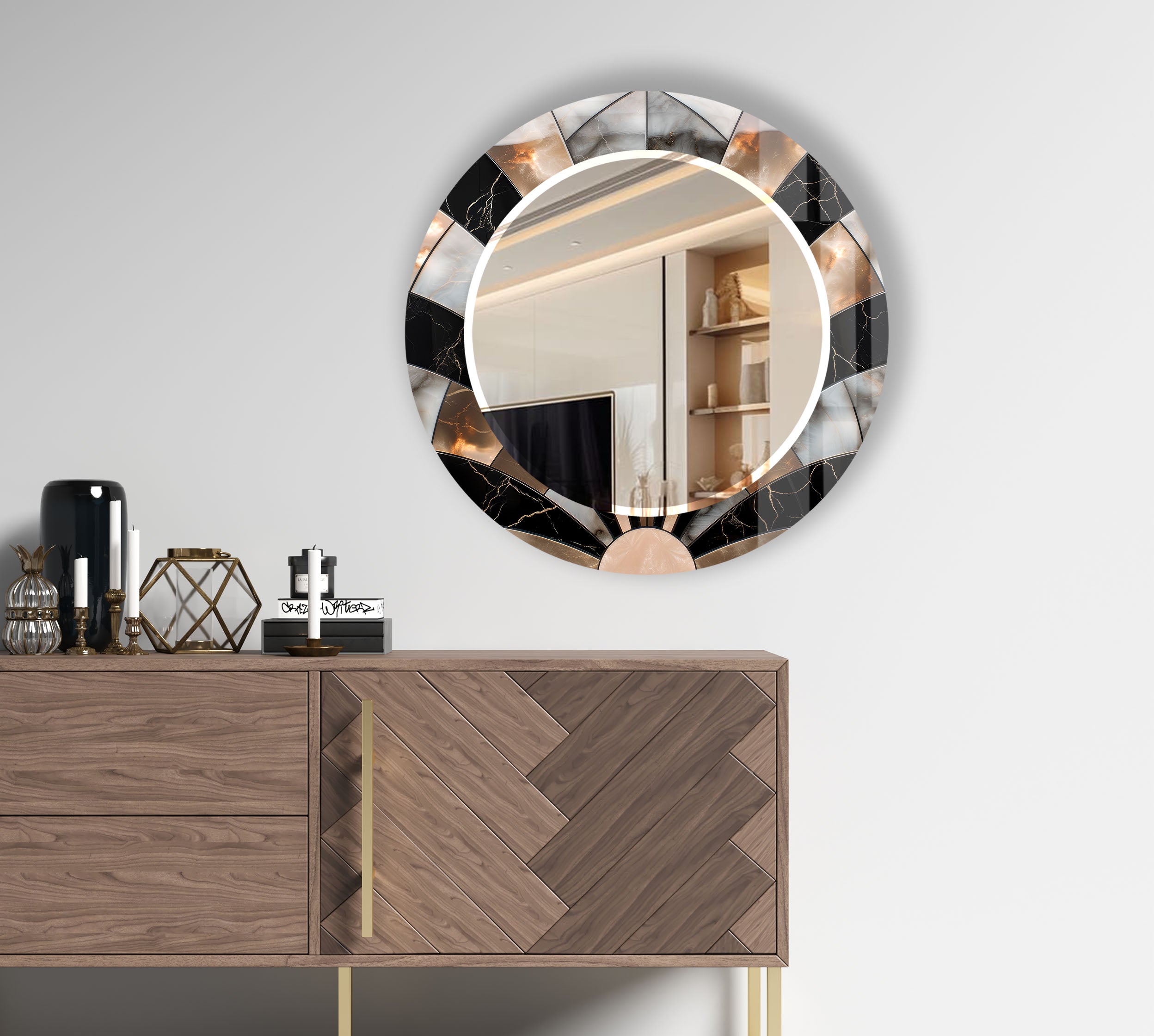 Elegant Black Marble Round Wall Mirror with Sunburst Frame - Perfect for Living Room, Bedroom, and Bathroom Decor
