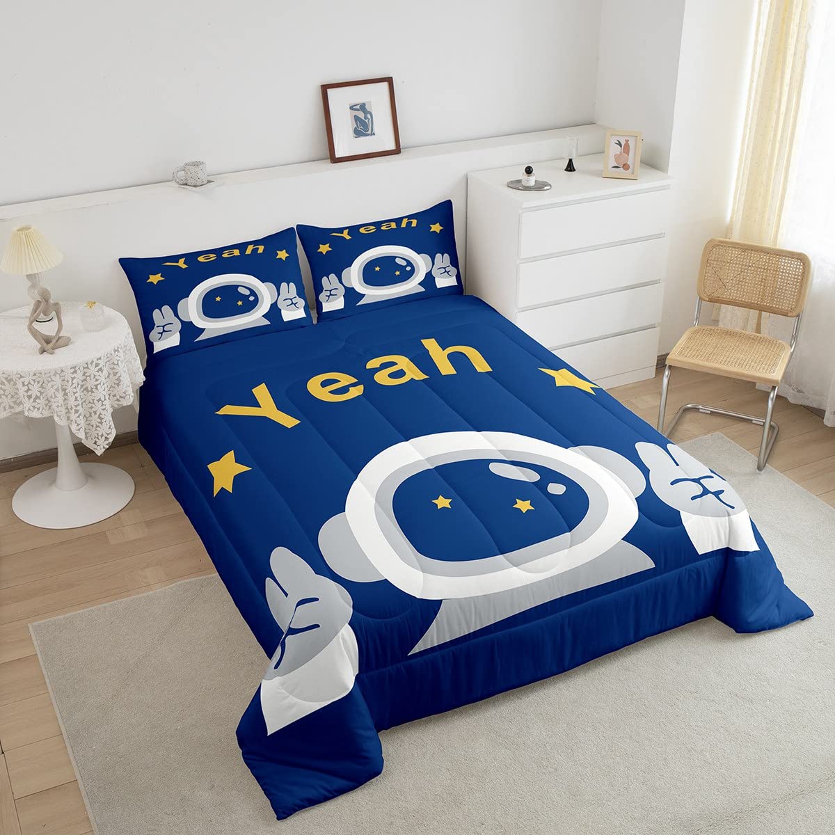 Castle Fairy Kids Cartoon Astronaut Twin Size Comforter Set - Space Themed Bedding for Boys' Room Decor | Blue Polyester Quilt with Yellow Stars Print & 1 Pillowcase | Perfect for Christmas Gifts, Birthday Presents & Kids' Bedroom Makeover