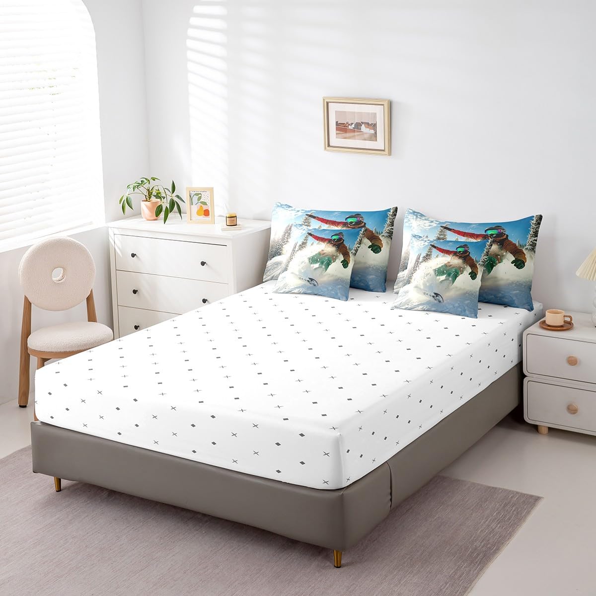 Feelyou Skiing 7-Piece Queen Bedding Set - Ski Sports Comforter Set with Sheets, Pillowcases & Pillow Covers - Ultra Soft Breathable Bedding for Winter Sports Enthusiasts - Perfect for Ski Lodges, Cabin Retreats & Cozy Bedrooms
