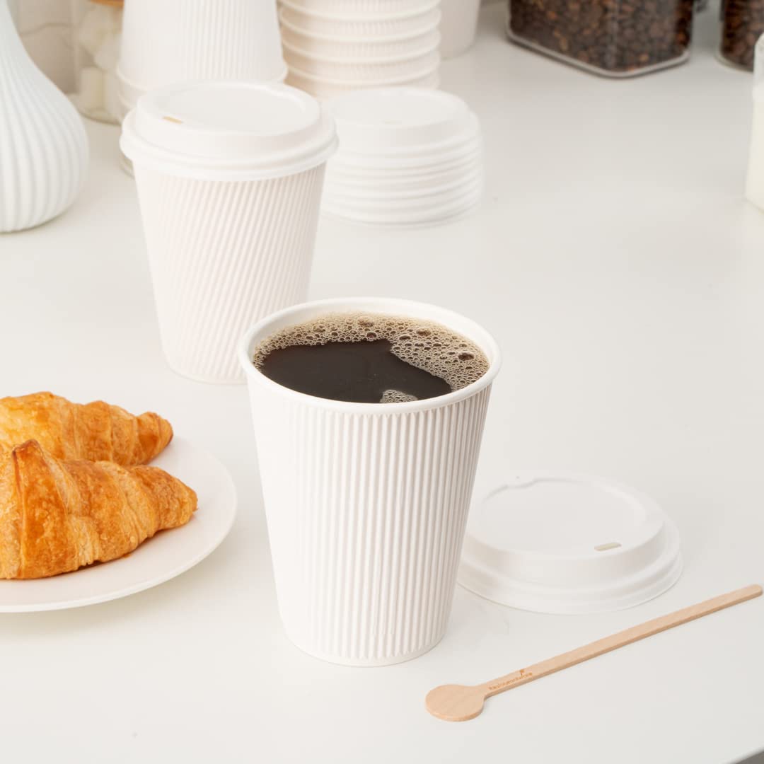 Restaurantware 12oz Insulated Coffee Cups with Lids - 200 Count White Disposable Paper Hot Cups, Leakproof & Non-Slip Design for Coffee, Tea, Hot Chocolate & Lattes - Perfect for Cafes, Offices & Catering Events