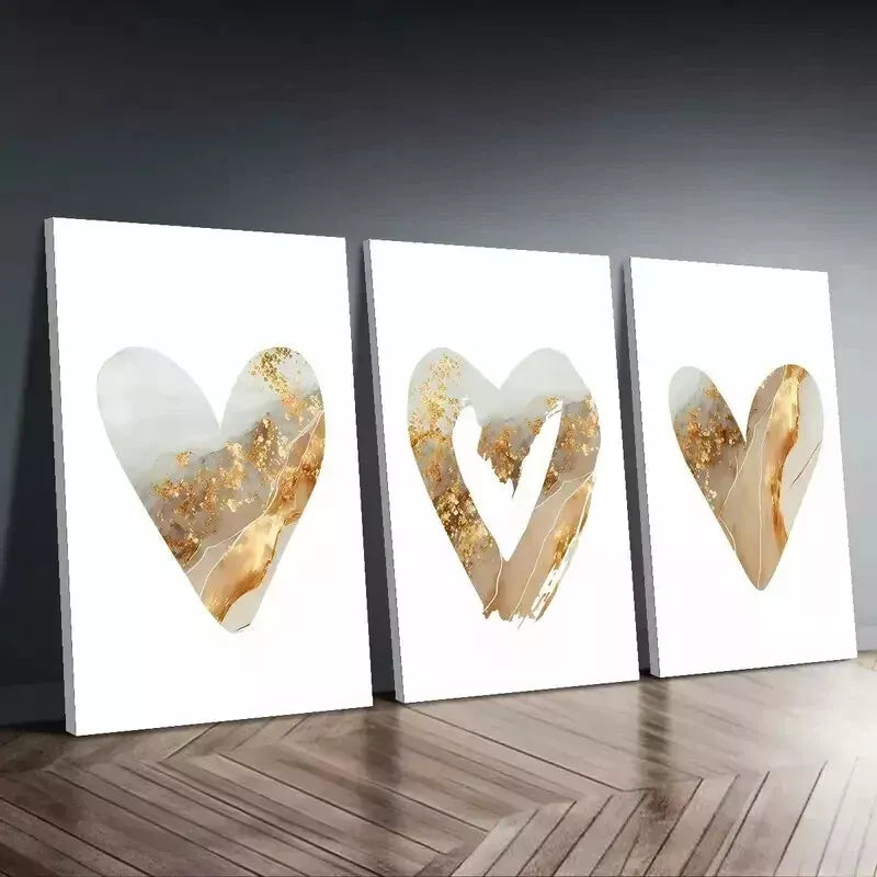 3-Piece Love Heart Gold Speckled Wall Art Set - Framed Canvas 50x70cm - High Quality Print - 100% Australian Made - Ready to Hang - Perfect for Living Room, Bedroom & Office Decor