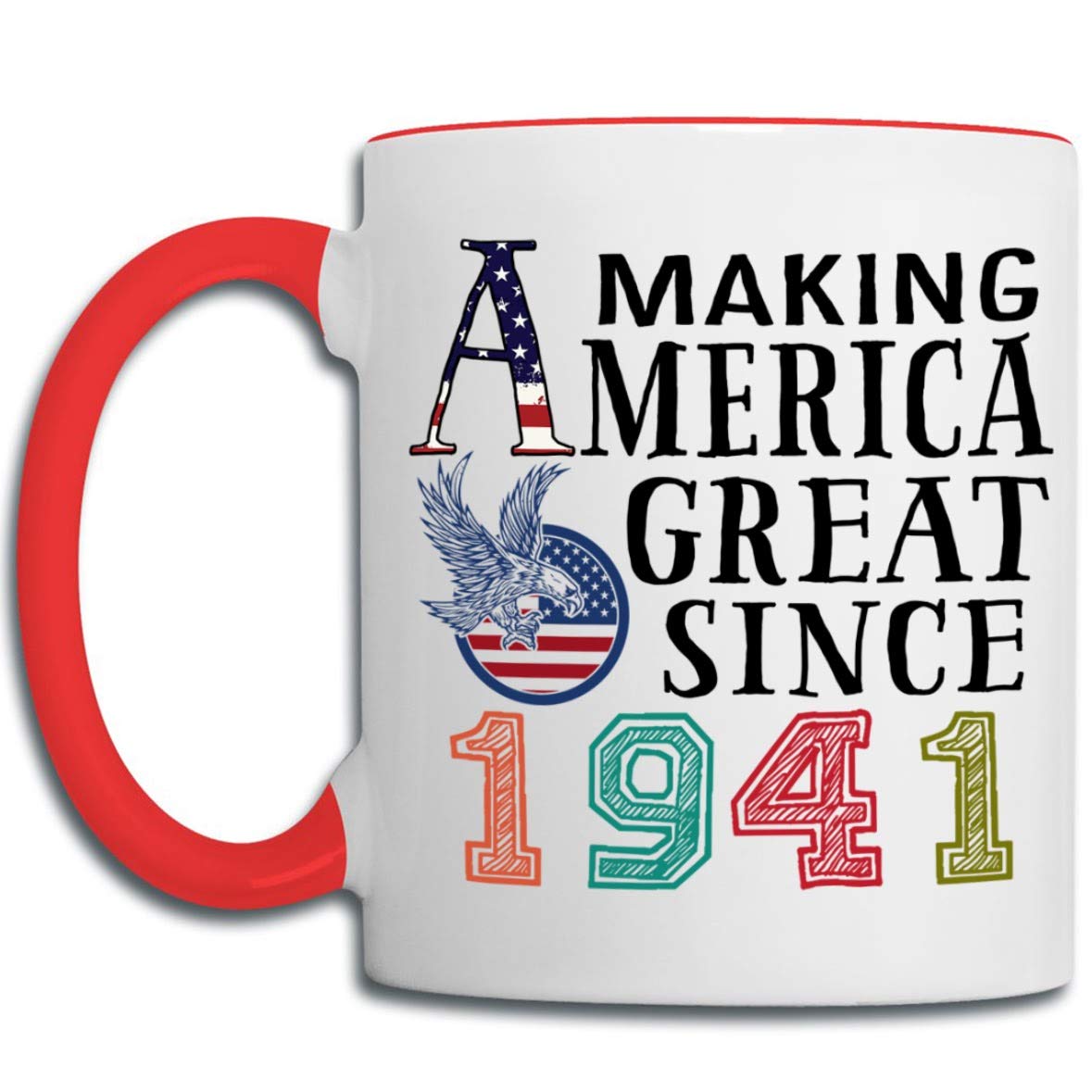 Vintage 1941 America Themed Coffee Mug - 11oz Red Handle Ceramic Cup for Christmas Gifts, Nurses, Coworkers, Mom, Dad, Wife or Husband | Perfect for Office Use, Birthday Celebrations & Patriotic Home Decor