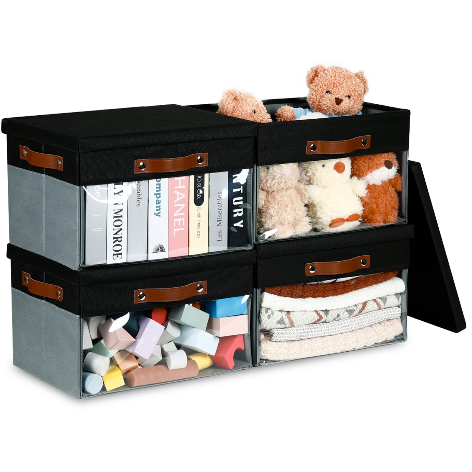 Bidtakay 4-Pack Collapsible Storage Bins with Lids & Clear Windows - 15 x 11 Inch Fabric Closet Organizers with Handles, Foldable Storage Baskets for Shelves, Clothes, Toys & Home Organization (Black/Grey) - Perfect for Bedroom, Closet, Nursery & Office Storage Solutions