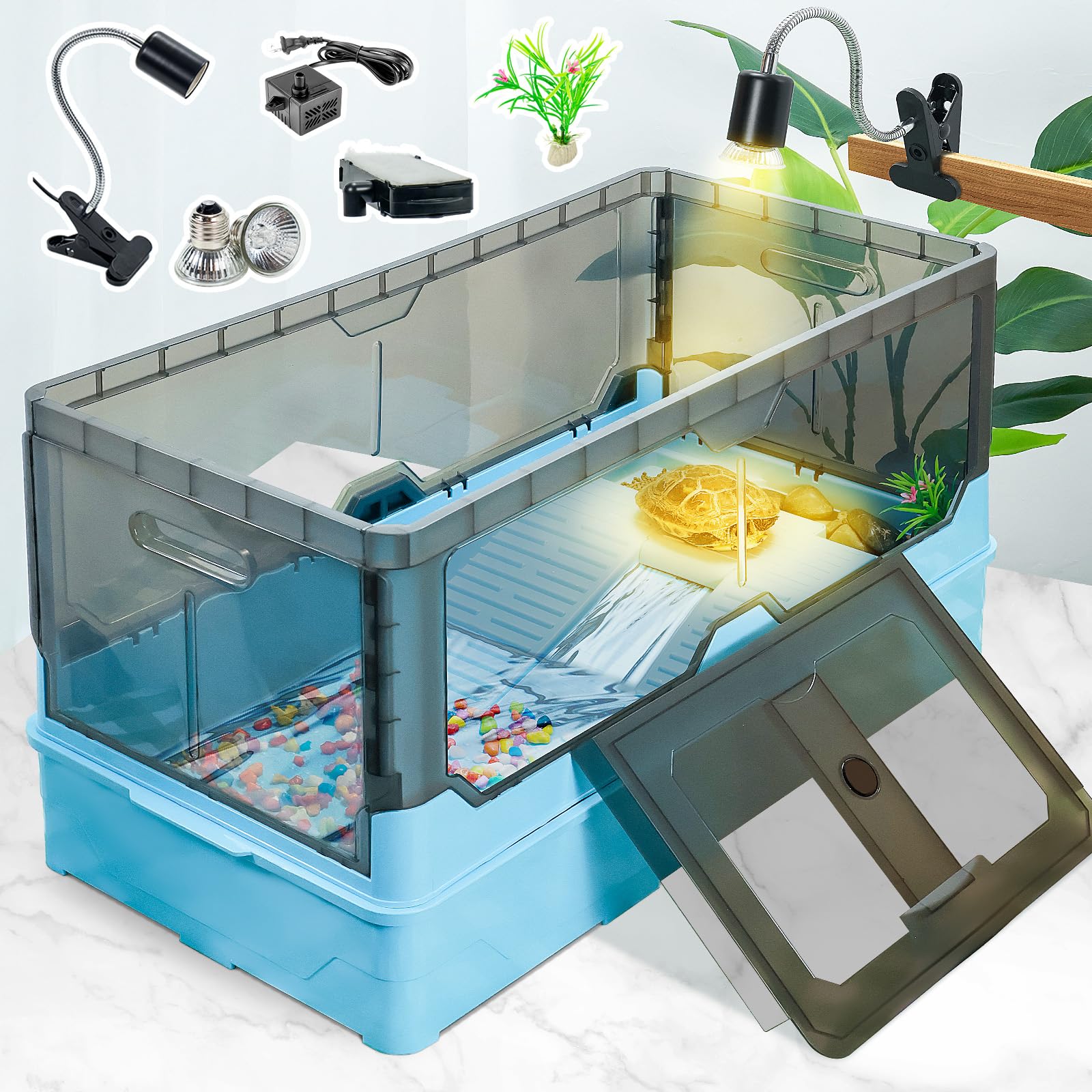 **Complete Turtle Tank Kit with Filter, Water Pump & Heat Lamp - Easy to Move with Wheels, Natural Flow Design - Ideal for Small Turtles, Horned Frogs & Hermit Crabs (Large, Blue) - Perfect for Home, Office or Classroom Reptile Habitats**