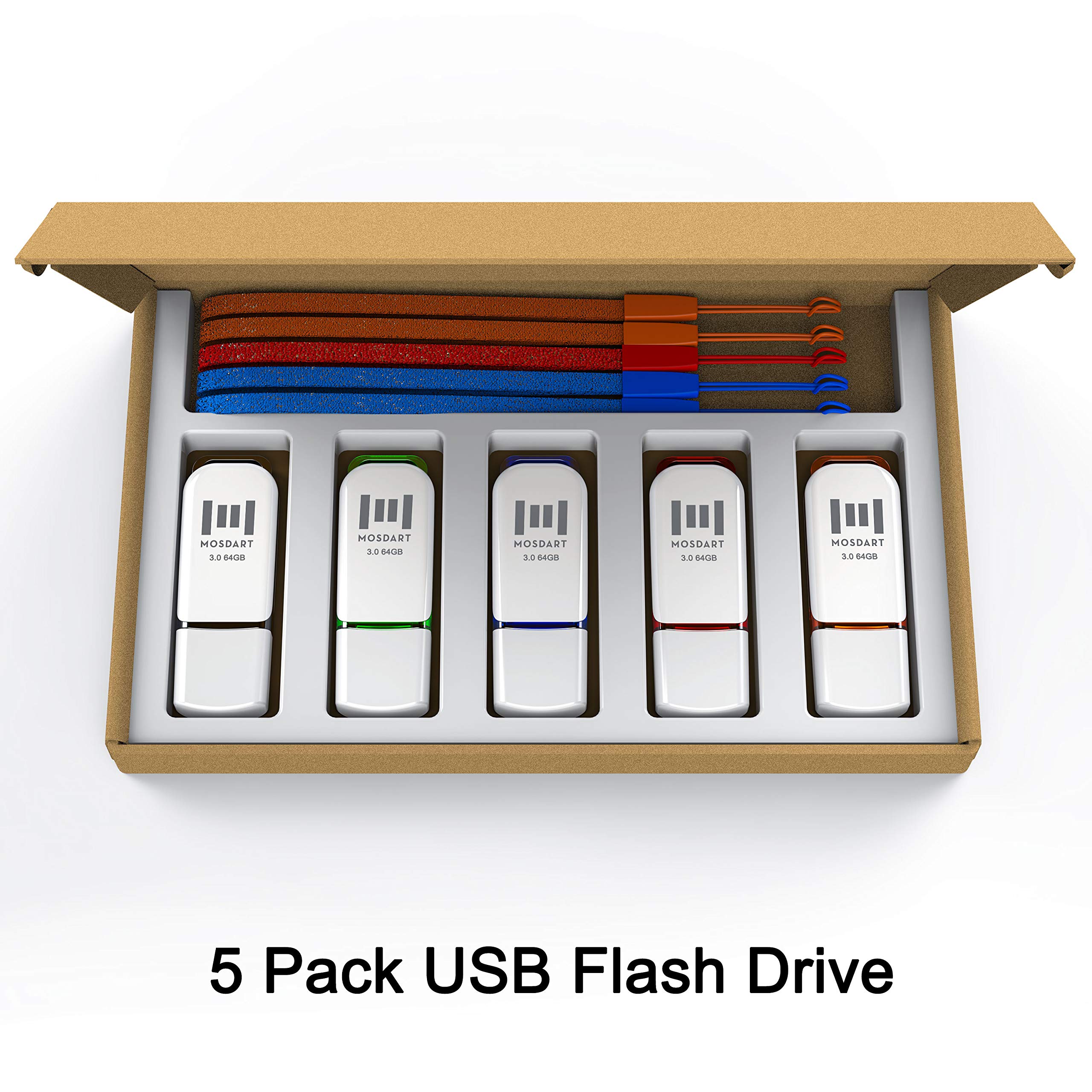 MOSDART 64GB USB 3.0 Flash Drive 80MB/S with LED Light - for Computers & Data Storage (5-Pack)