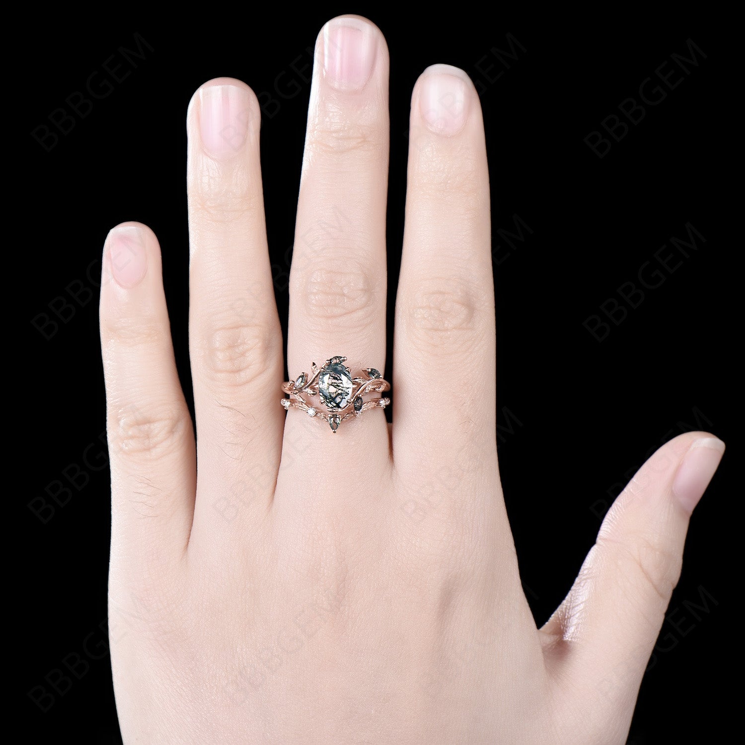 Vintage Oval Cut Green Moss Agate Engagement Ring - Rose Gold Art Deco Cluster Leaf Design, Nature Inspired Bridal Wedding Ring Set for Women | Perfect for Proposals, Anniversaries & Boho Chic Style